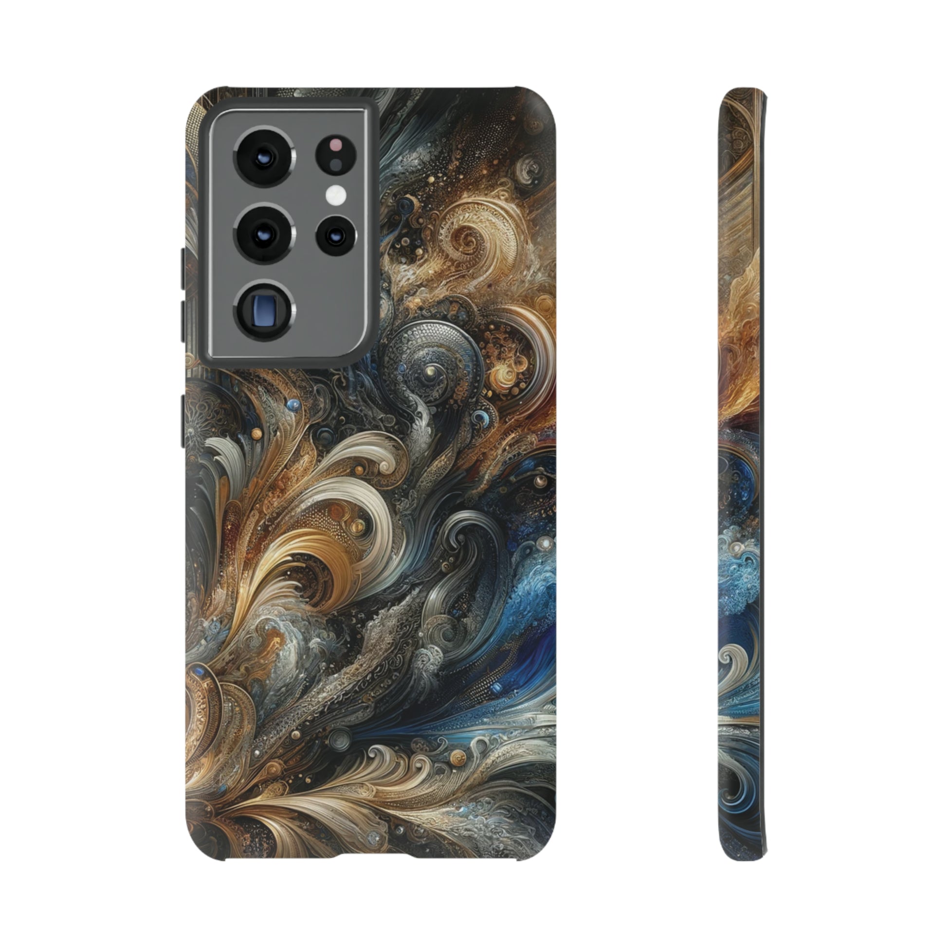 Gold and Navy Art Design Luxury Phone Tough Case Floral Elegant Durable Stylish for Modern Devices iPhone 15, Samsung iPhone Samsung Accessory Gift for Her.