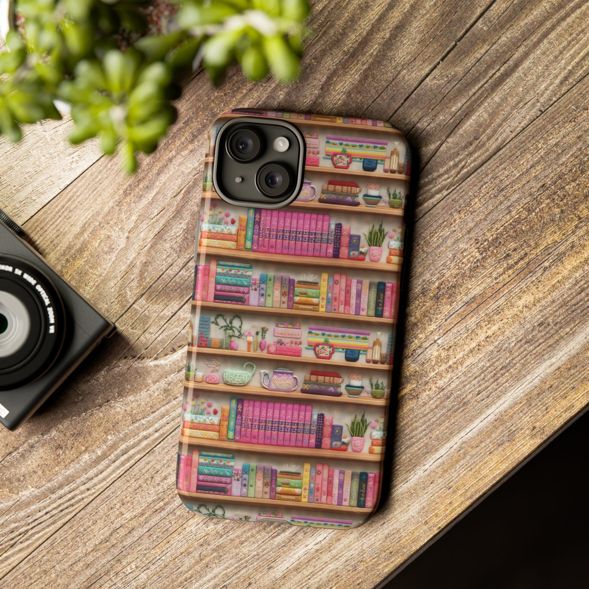 Phone Case 3D Illusion Books & Shelf Embroidery Design with Vibrant Colors Gift for Her Phone 15, Samsung iPhone Samsung Gift for Her Case iPhone 15, Samsung iPhone Samsung Accessory Gift for Her.