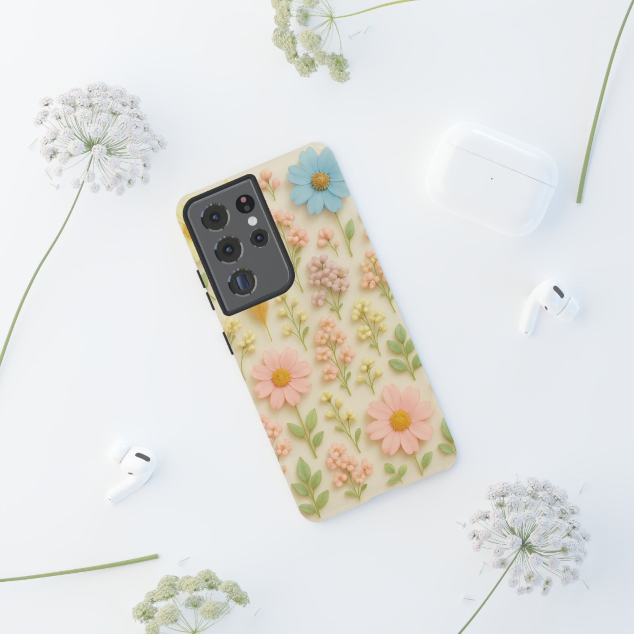 Pastel Dried Flowers Illusion Phone Case 3D Realistic Pressed Floral Design, Bright Botanical Aesthetic, Soft Nature-Inspired CoveriPhone & Galaxy