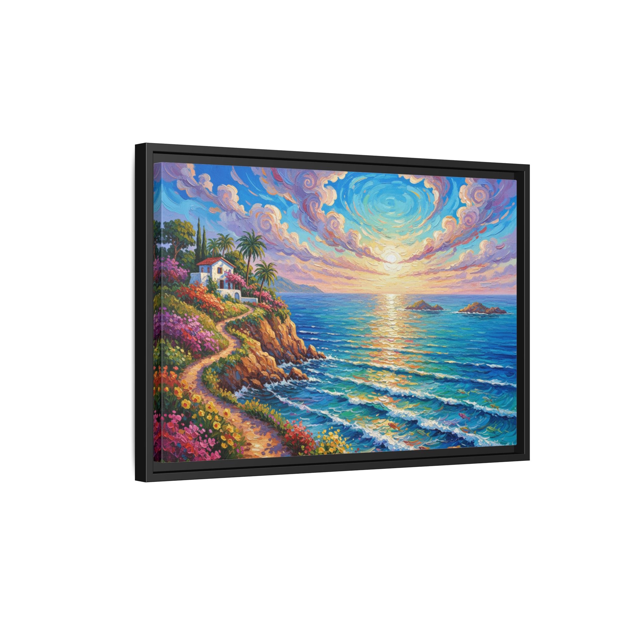 Toile imprimée florale océanique | Décoration murale colorée et lumineuse de paysage marin, œuvre d'art de bureau encadrée et mate