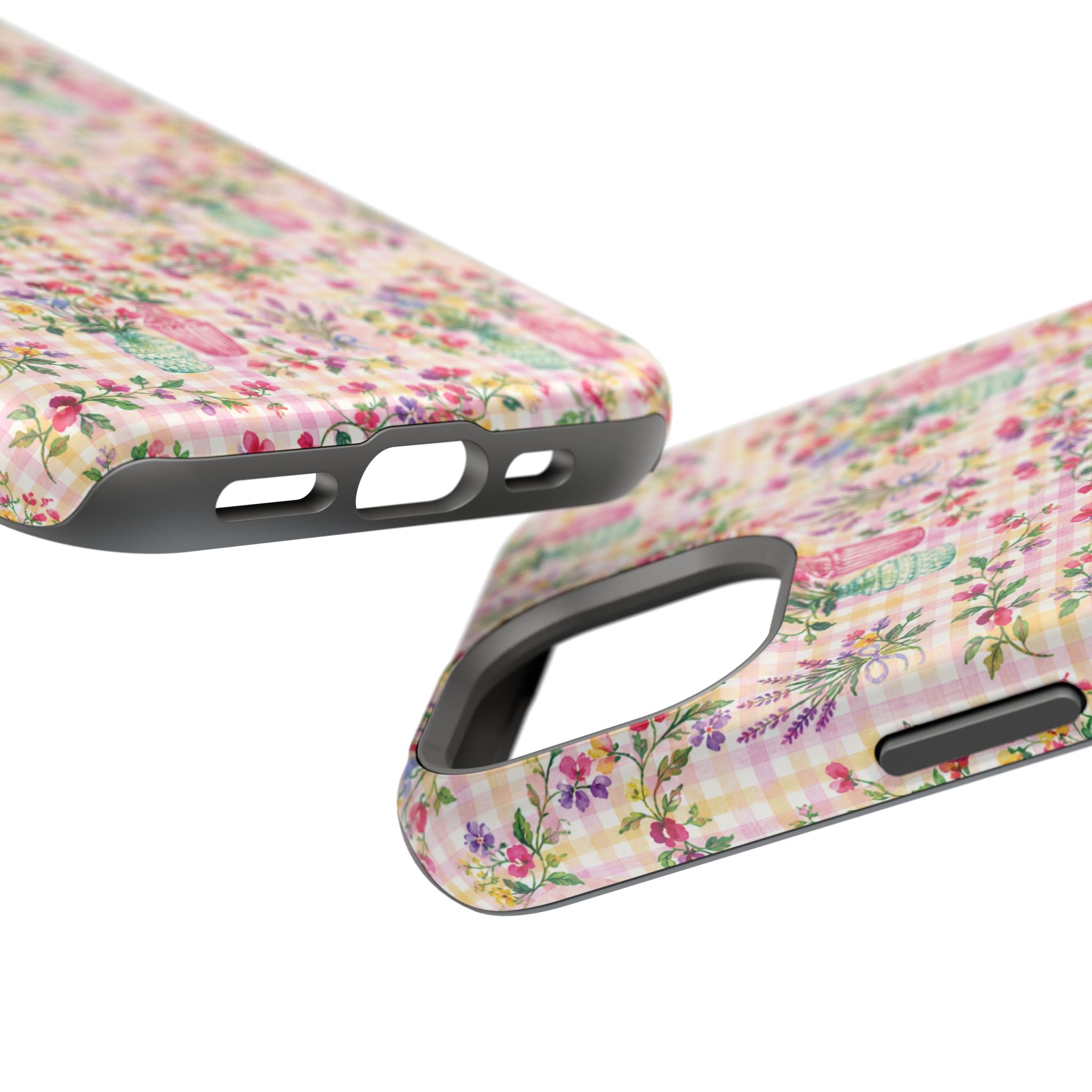 Turquoise & Pink Floral Checker Phone Case — Magnetic Impact-Resistant