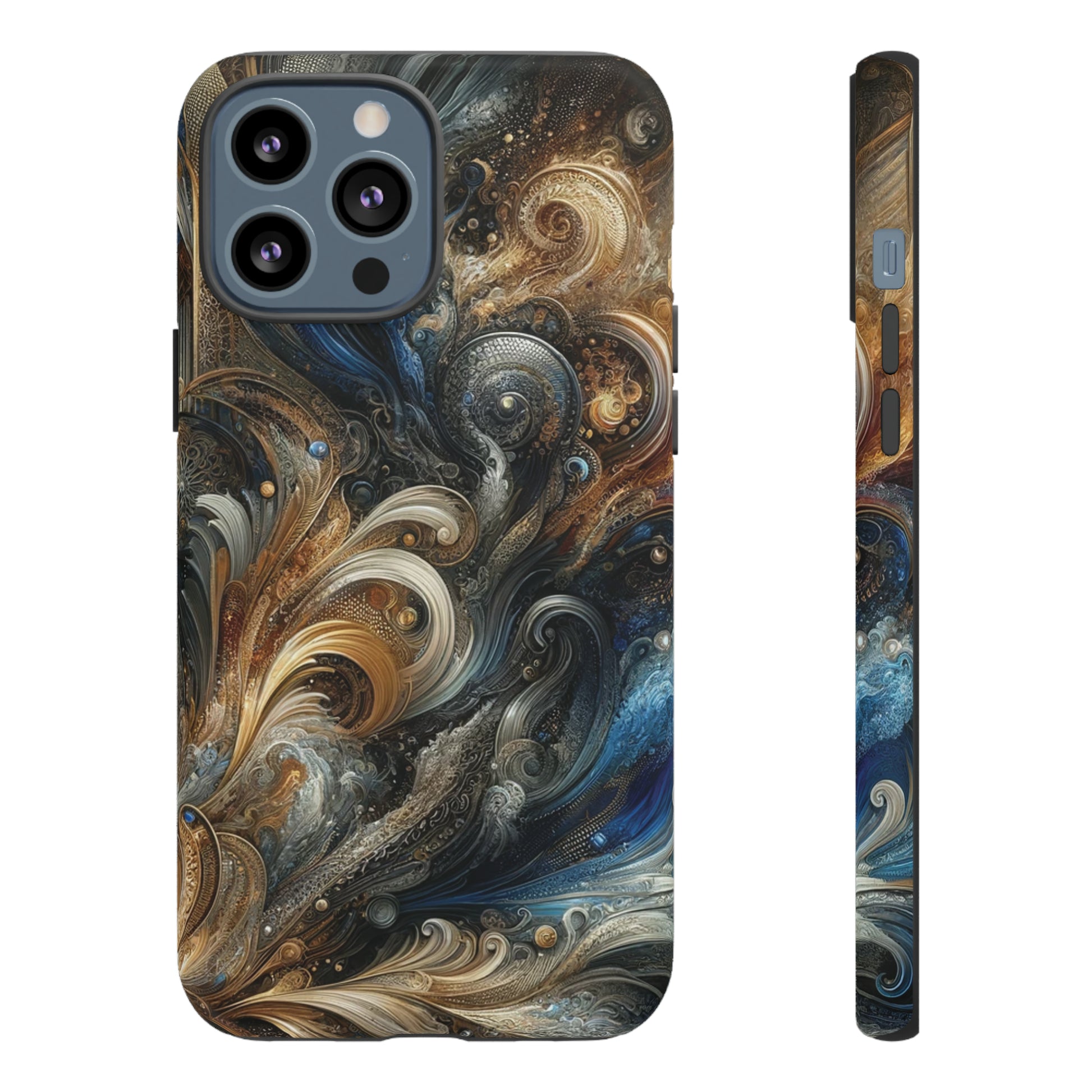Gold and Navy Art Design Luxury Phone Tough Case Floral Elegant Durable Stylish for Modern Devices iPhone 15, Samsung iPhone Samsung Accessory Gift for Her.