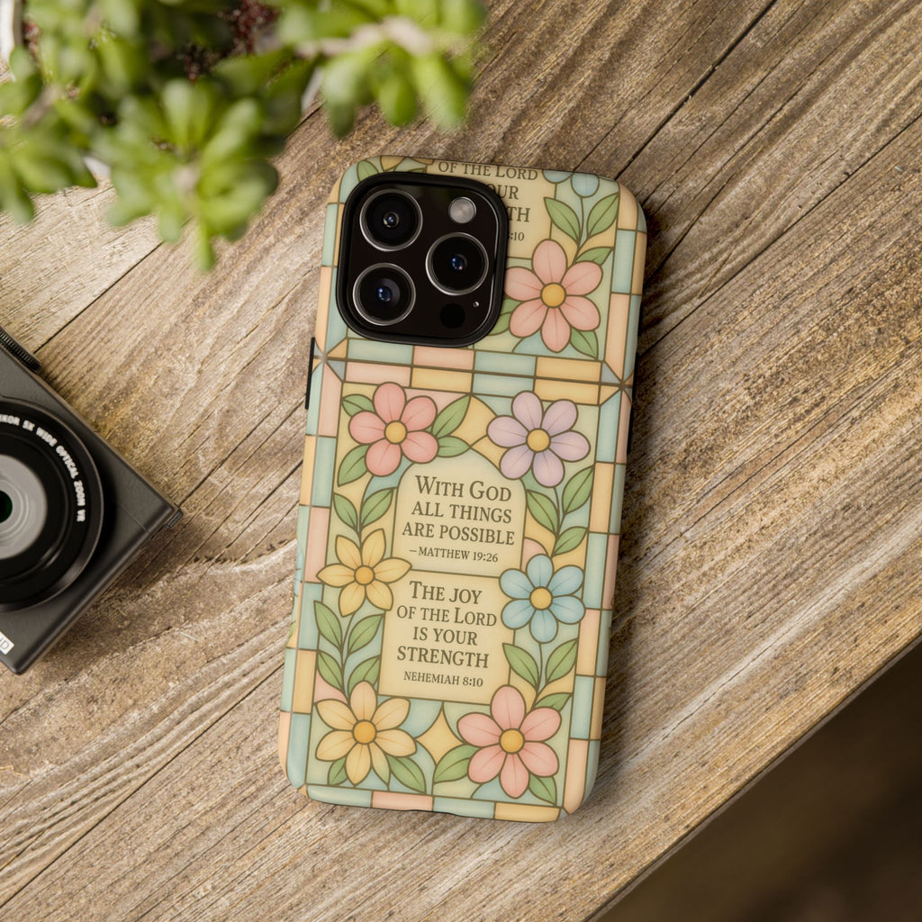 Pastel Stained Glass Bible Verse Phone Case Christian Affirmation Cover, Soft Geometric Design, iPhone Samsung Google, Faith Gift for Her Bible Verse or Affirmation | Protective, Inspirational Gift for Christians