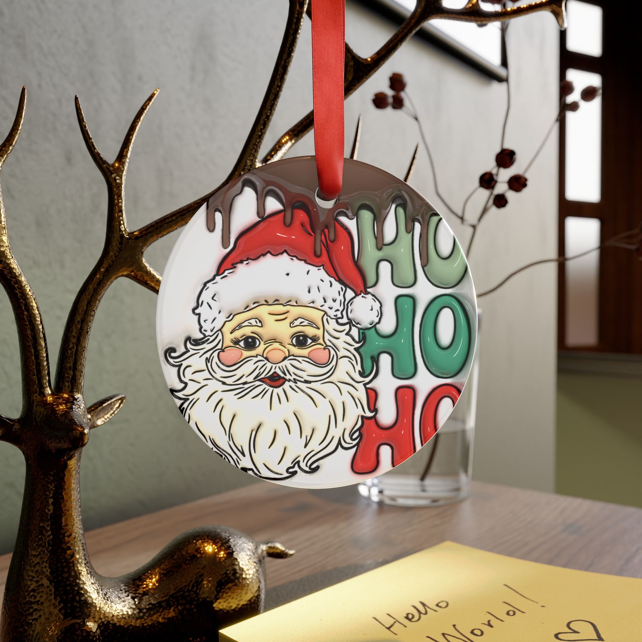 3D Santa 'HO HO HO' Illusion Ornament with Red Ribbon Festive Christmas Decor, Perfect Tree Accent, Glossy Finish, 2.9x2.9 Inches, Unique Holiday Keepsake Ideal for Tree Trimming - MRSBYVALLE