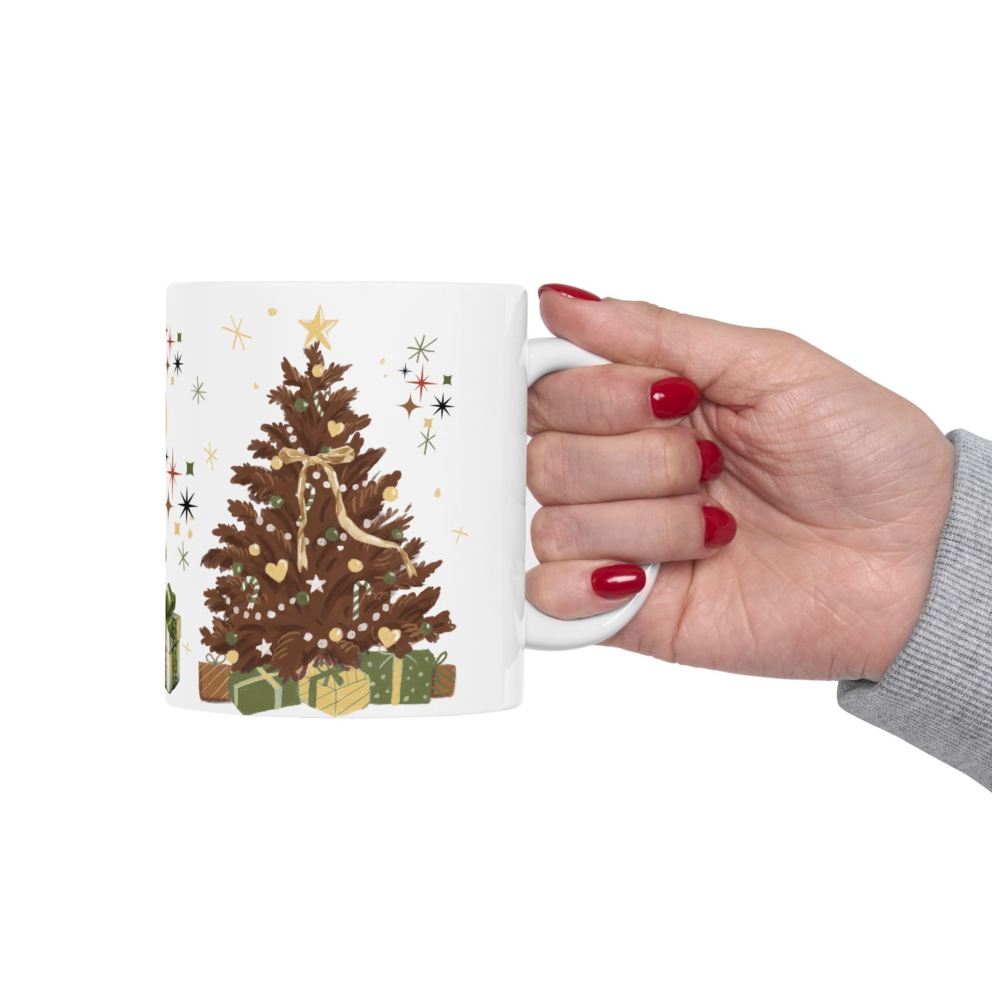 Brown Christmas Tree Mug, 11oz  15oz Holiday Coffee Cup, Rustic Winter Mug, Cozy Hot Chocolate Mug, Christmas Gift Idea, Festive Morning Vibes