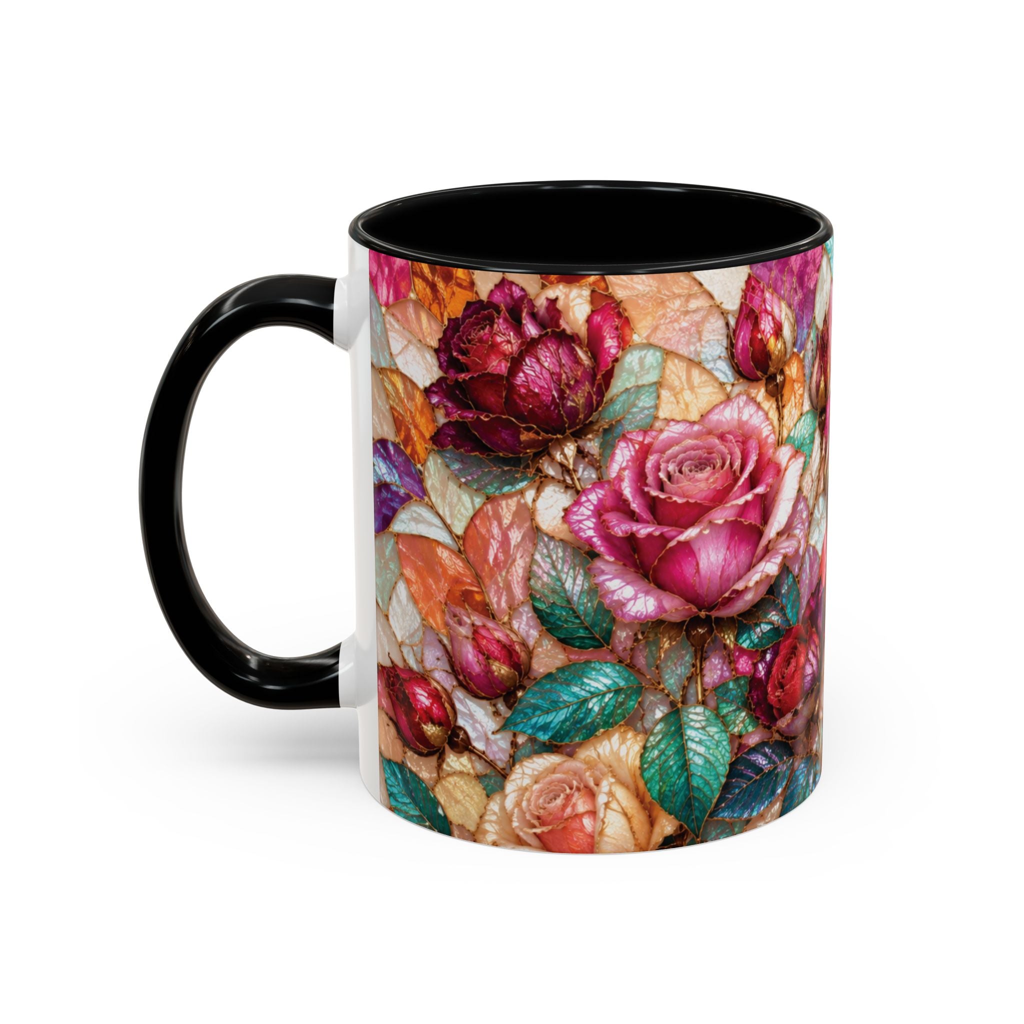 Floral Stained-Glass Accent Coffee Mug Colorful Rose Pattern (11/15 oz) Gift for Her