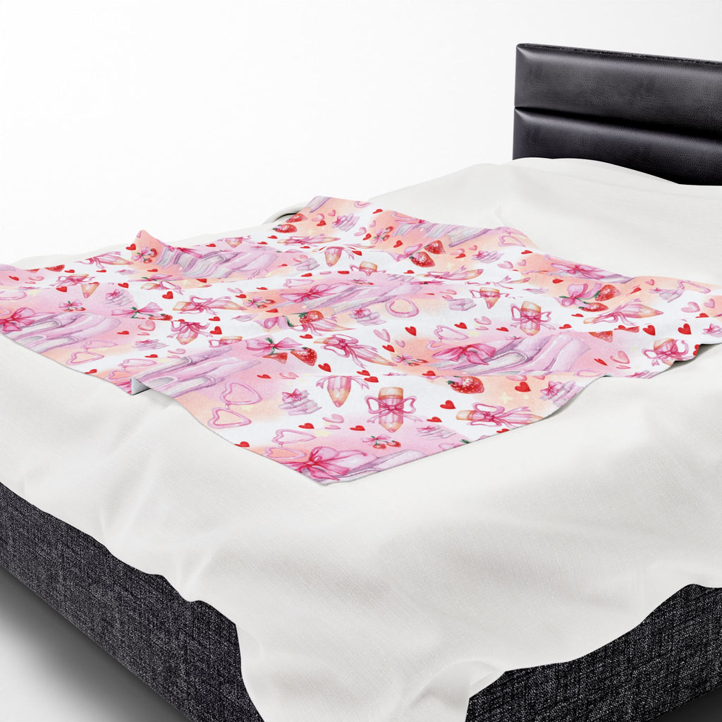 Romantic Pink Watercolor Books Bows Velveteen Plush Blanket Cozy Book Nook