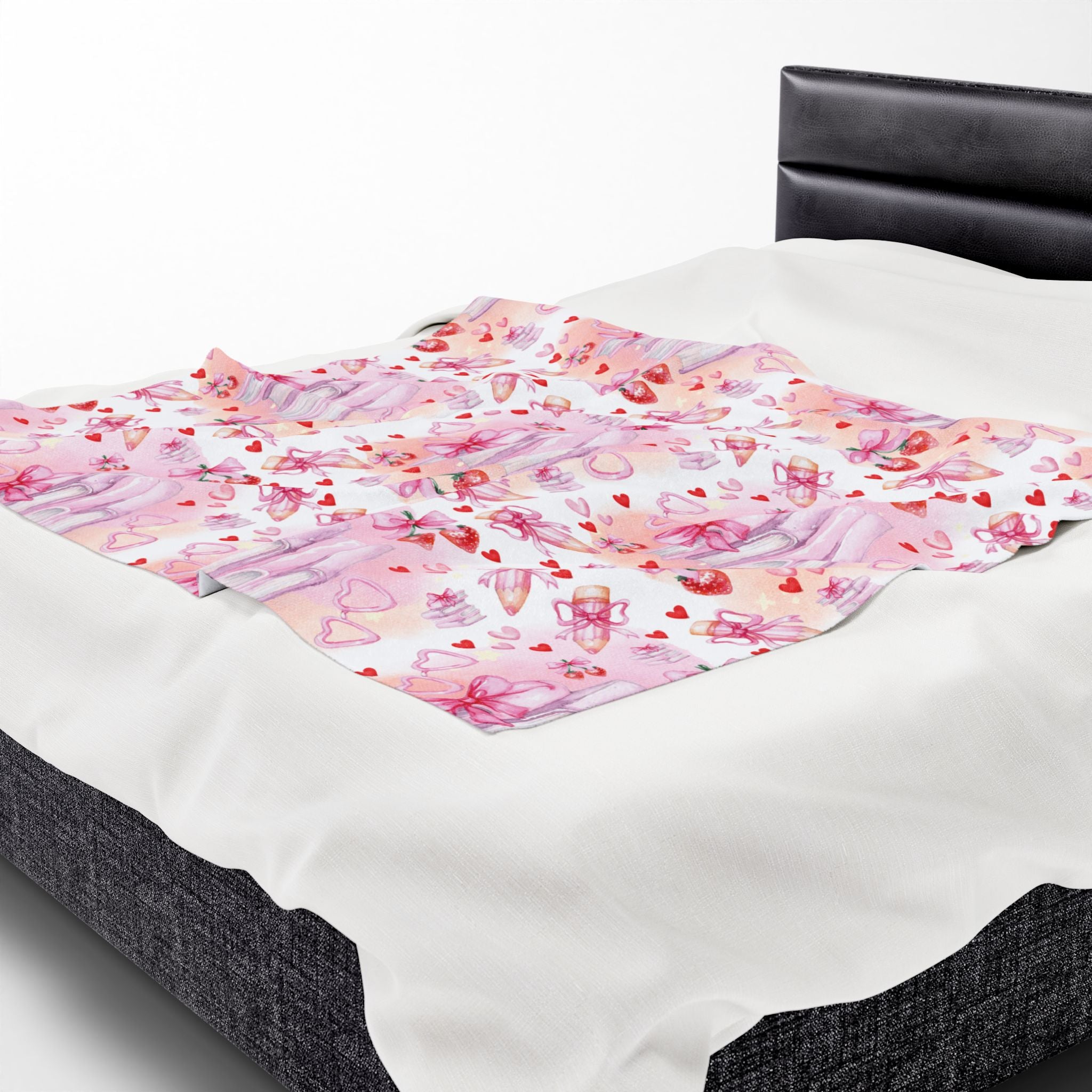 Romantic Pink Watercolor Books Bows Velveteen Plush Blanket Cozy Book Nook