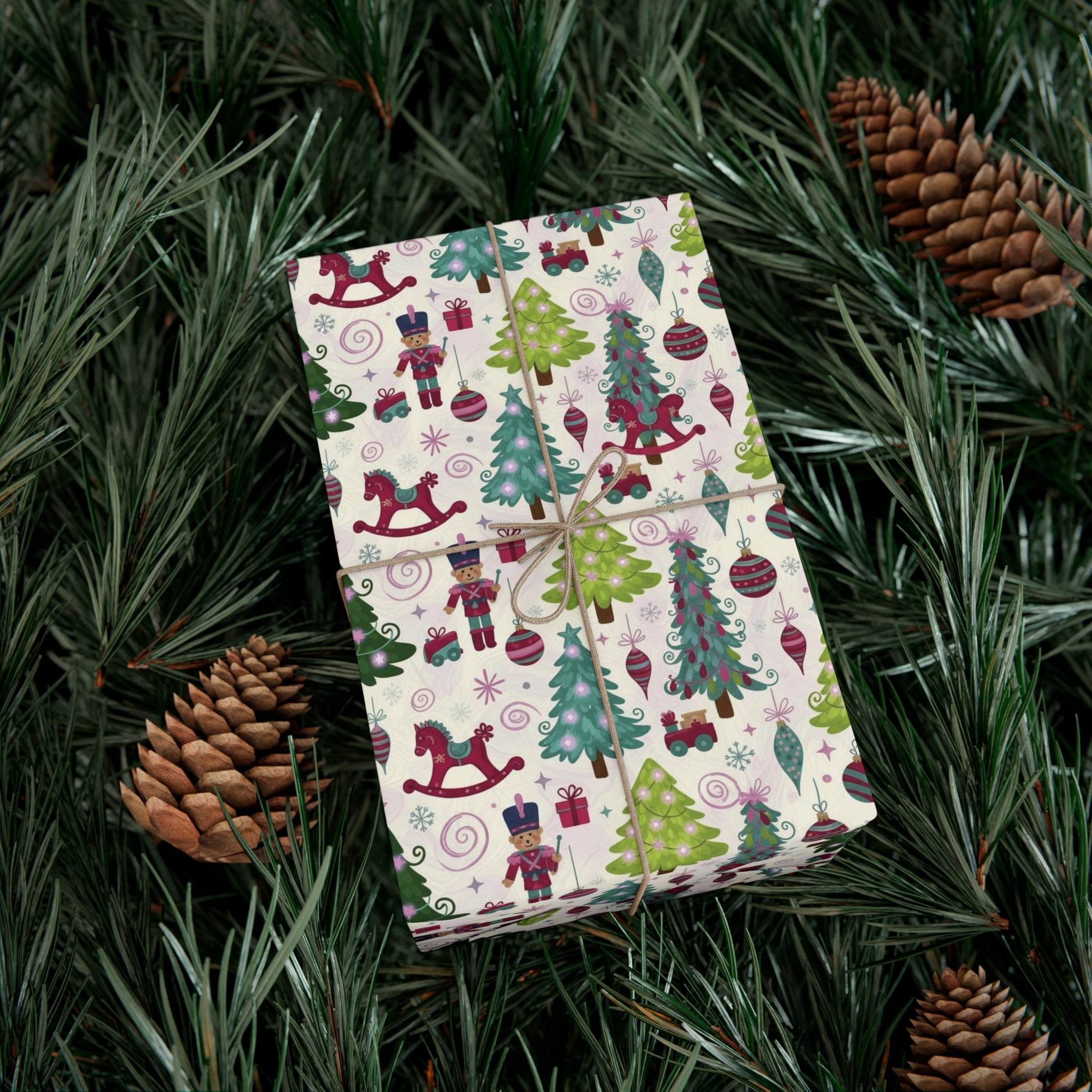 Festive Christmas wrapping paper with toys, trees & holiday icons. Available in 3 sizes—perfect for gifts, parties & seasonal décor.