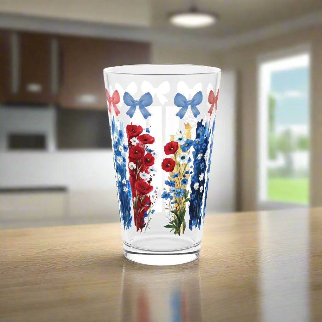 Coquette 16oz Pint Glass Pink Blue Bows, Brushstroke Floral Illusion, Aesthetic Drinkware, Feminine Cottagecore Gift for Her Home Decor