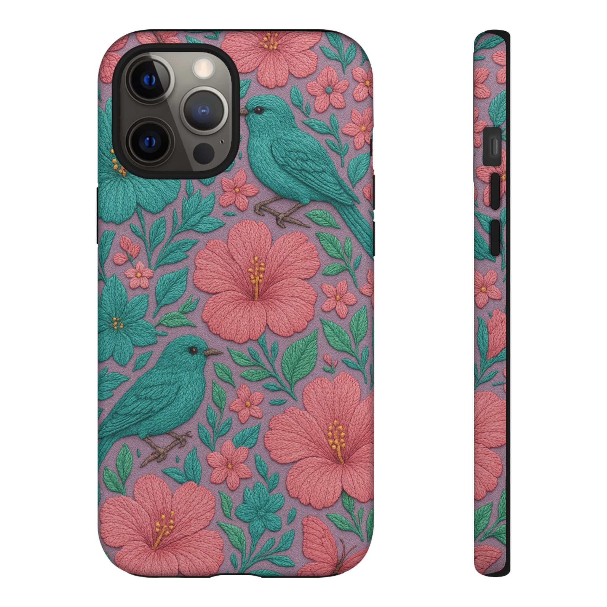 Turquoise, Pink and Lavender 3D Embroidery Illusion Phone Case Tropical Flowers, Birds & Butterflies Cover with Bold, Realistic Floral Texture iPhone, Samsung
