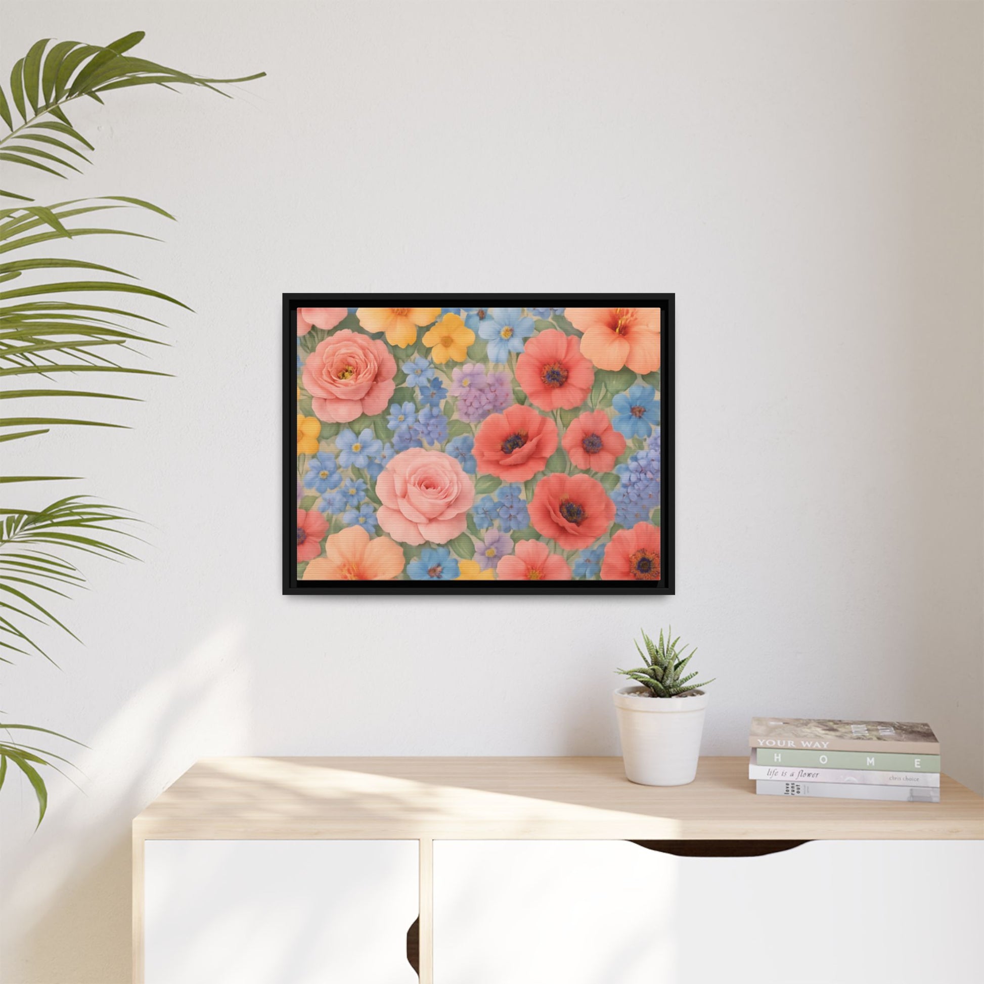 Luxury Framed Floral Canvas – Bold Multi-Color Botanical Wall Art, Elegant Nature-Inspired Accent for Living Room, Bedroom, or Office Décor Gift for Mom