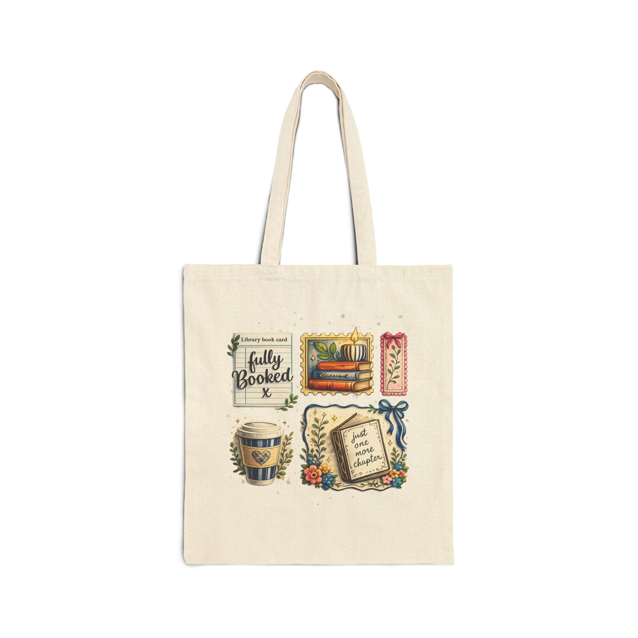 Tote Bag — "Fully Booked" Book Lover Canvas Tote with Stack of Books, Coffee & Floral Bookmark