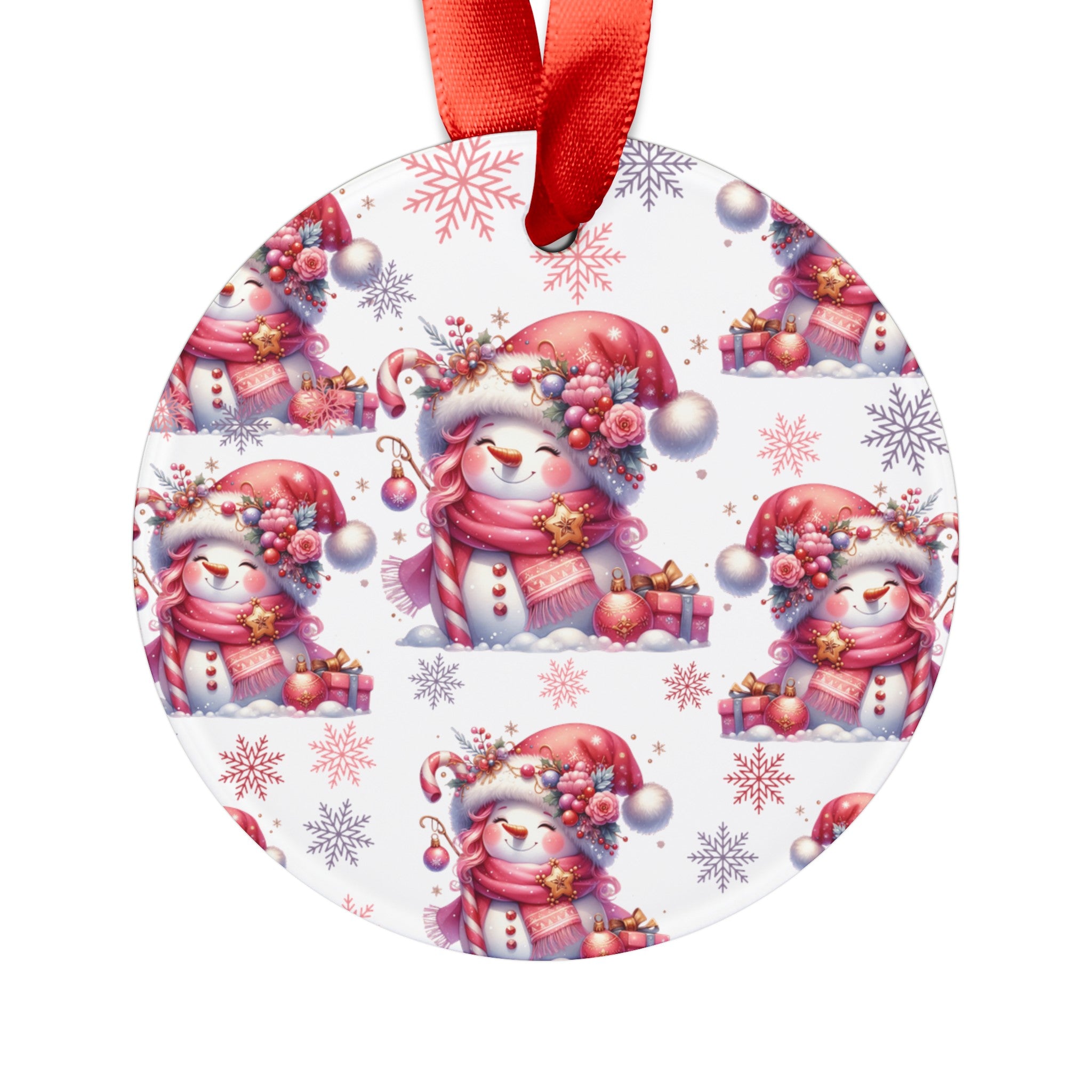 Pink Christmas Snow People Acrylic Ornament with Ribbon Perfect Holiday Decoration and Gift Durable Holiday Keepsake | Charming Winter Design | Ideal for Tree Trimming and Gift Giving - MRSBYVALLE