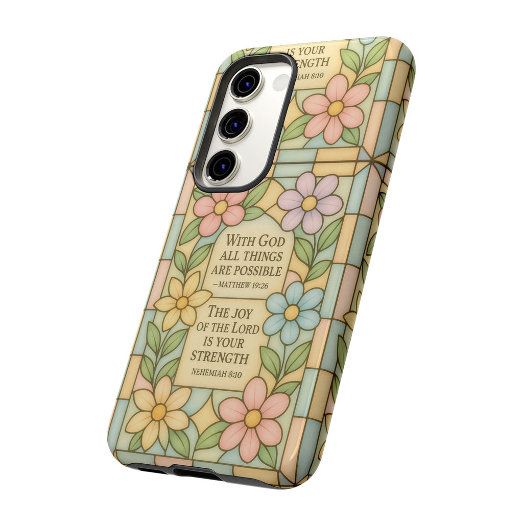 Pastel Stained Glass Bible Verse Phone Case Christian Affirmation Cover, Soft Geometric Design, iPhone Samsung Google, Faith Gift for Her Bible Verse or Affirmation | Protective, Inspirational Gift for Christians