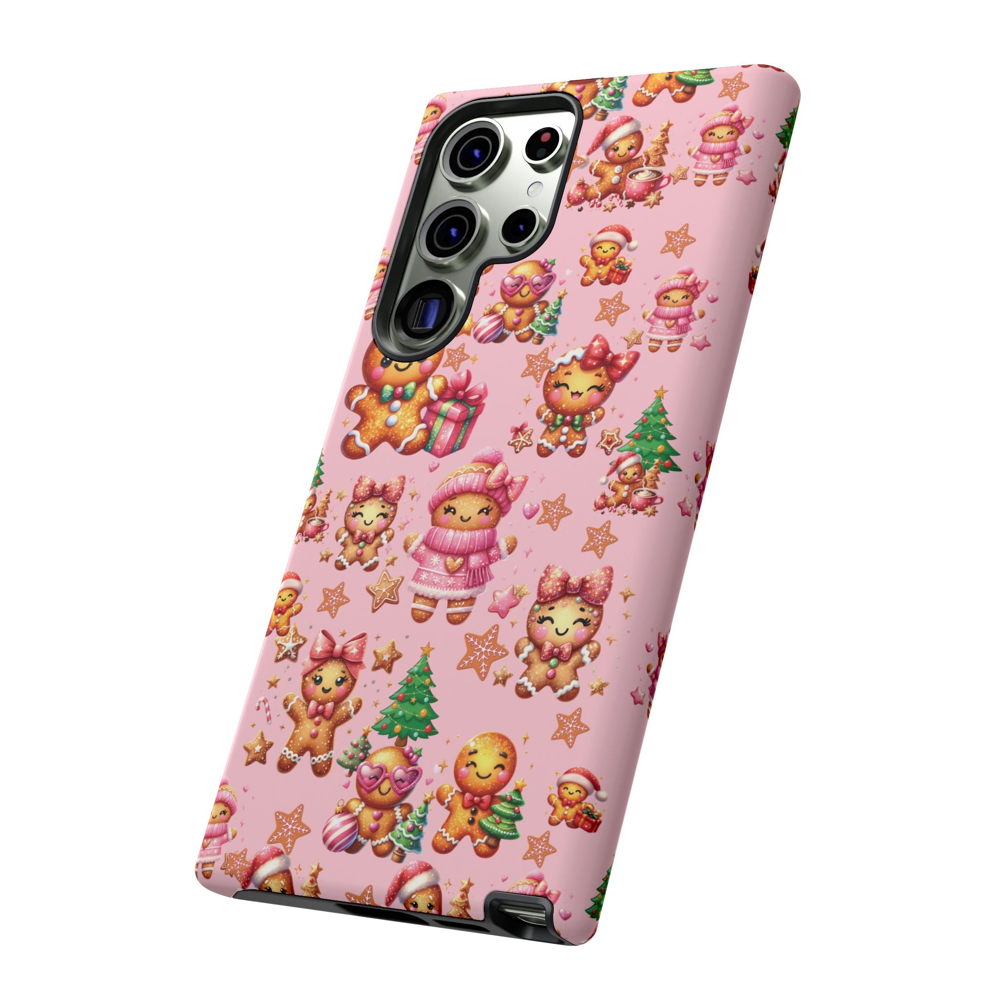Coque de téléphone en forme de petite fille pain d'épices rose adorable, ambiance girly pour les fêtes, esthétique douce de Noël, idée cadeau mignonne et festive pour elle, housse de protection amusante