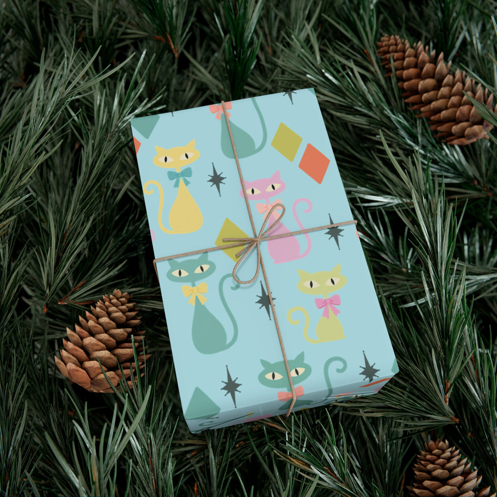 Papier cadeau chat atomique, papier cadeau rétro, motif chaton pastel du milieu du siècle, fêtes vintage 30x20, 30x72, 30x144 Parfait pour toutes les occasions