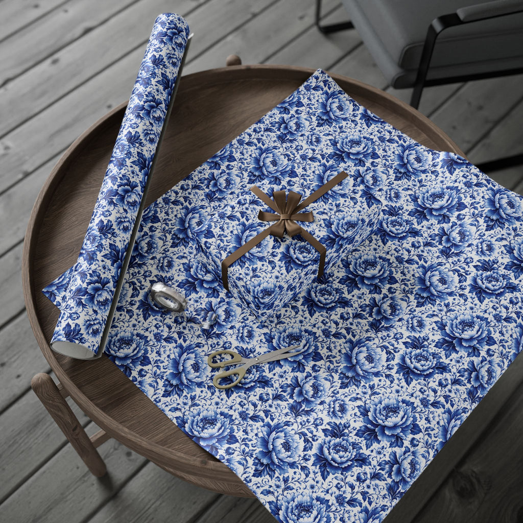 Blue & White Chinoiserie Peony Floral Luxury Gift Wrapping Paper Elegant Gift Wrap for Weddings & Holidays