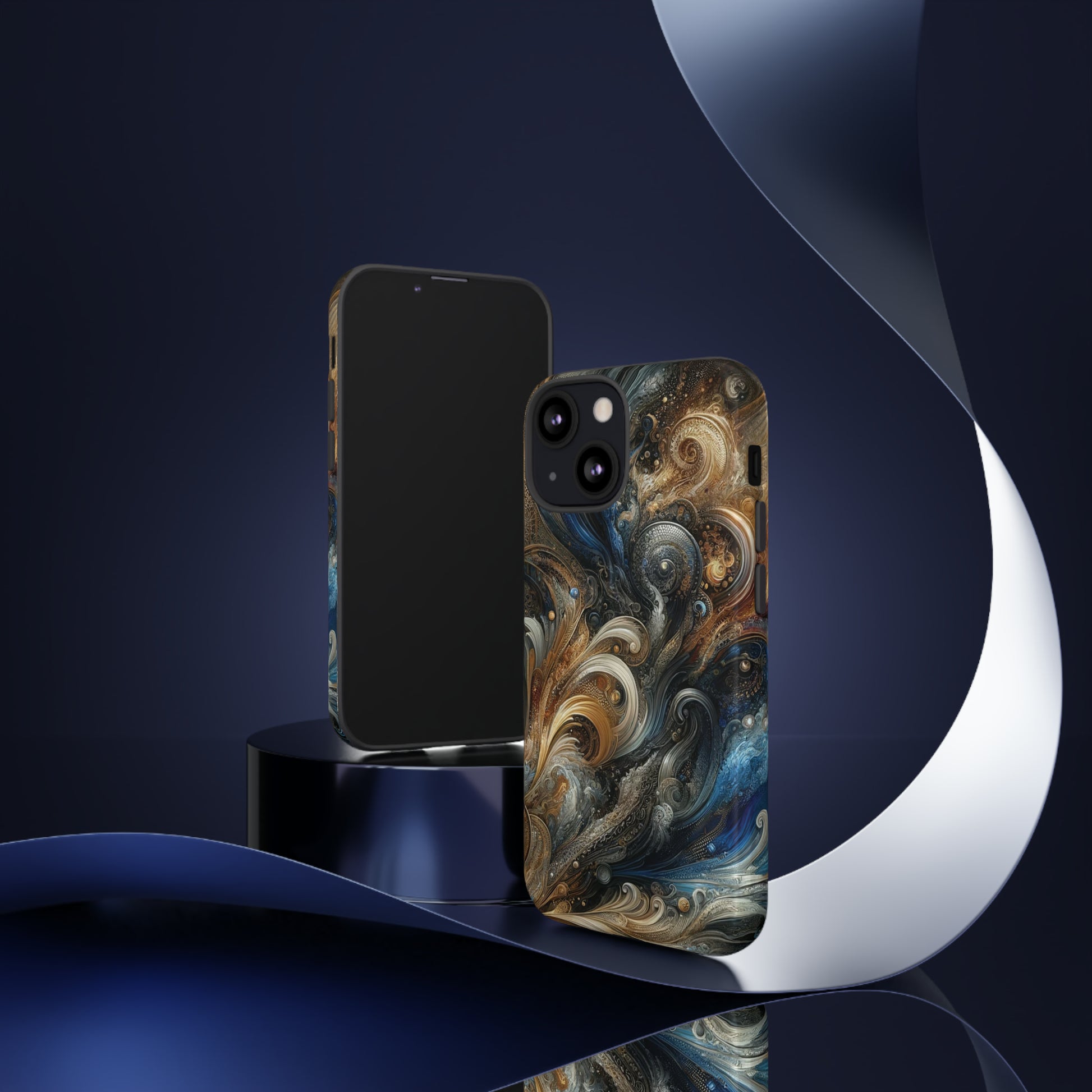 Gold and Navy Art Design Luxury Phone Tough Case Floral Elegant Durable Stylish for Modern Devices iPhone 15, Samsung iPhone Samsung Accessory Gift for Her.