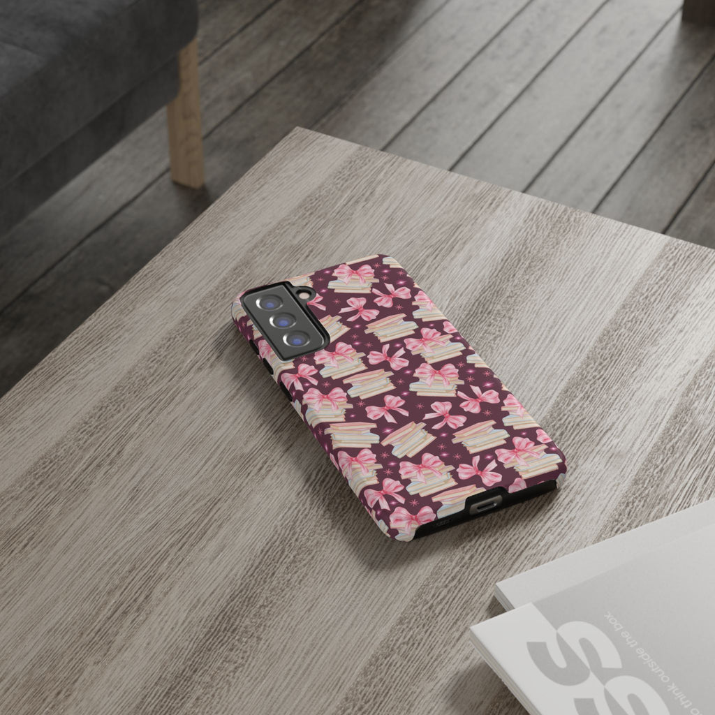 Coquette Pink Bows & Books Phone Case for iPhone 17 and Samsung, Pixel | Stylish Protective Cover Gift for Her Perfect for Floral Lover