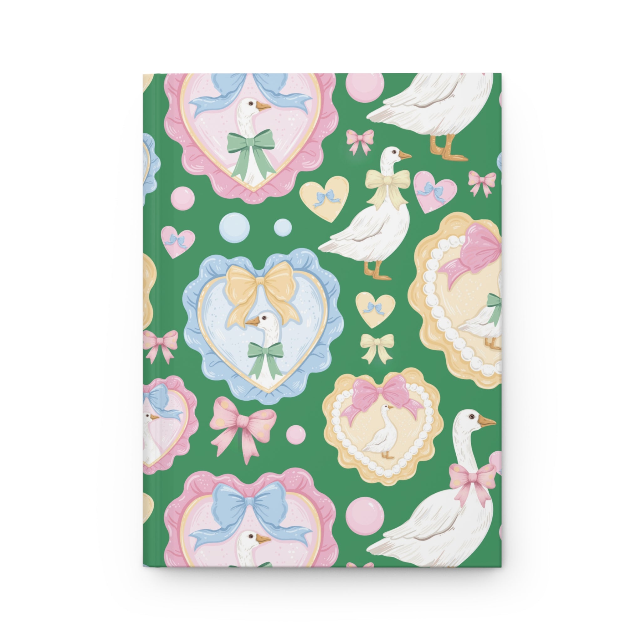 Silly Goose Green Hardcover Journal with Pastel Bows & Hearts  Whimsical Writing Notebook Perfect for Gift