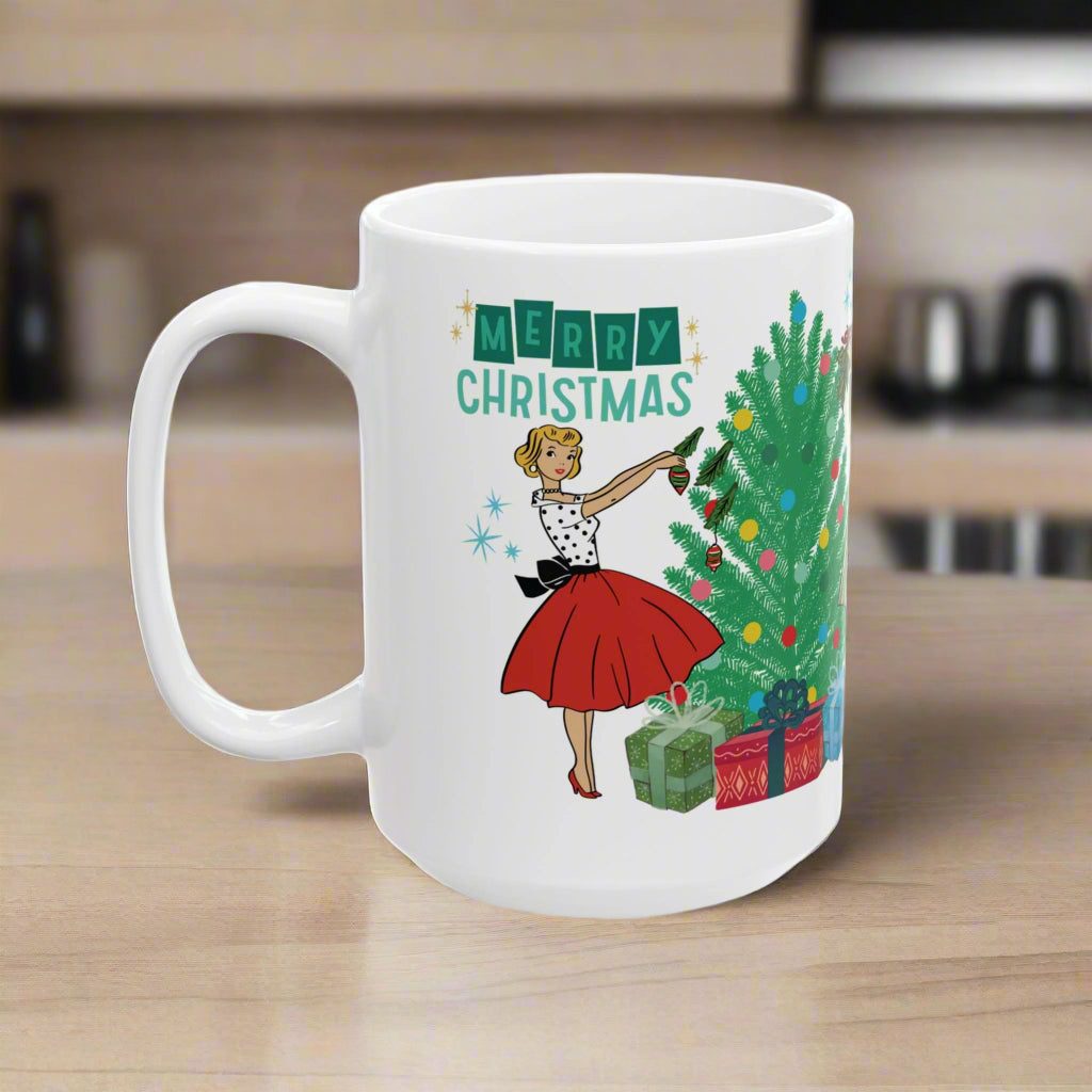 White mug with a Christmas design featuring a woman decorating a tree and 'Merry Christmas' text.