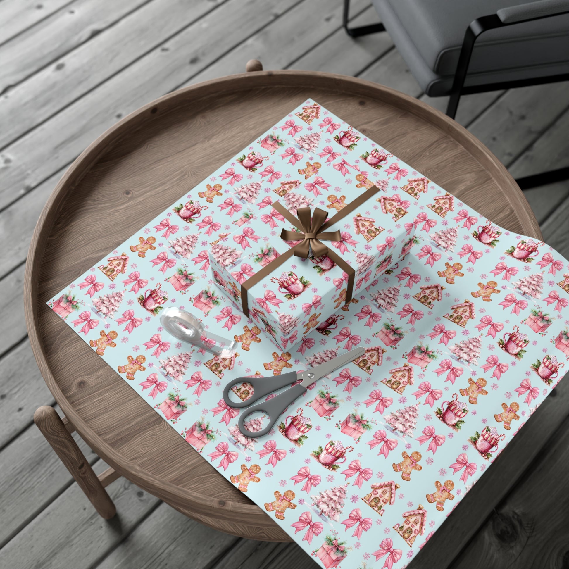 Coquette Pink Gingerbread House Man Wrapping Paper with Adorable Pink Bows Perfect for Whimsical Christmas Gift Wrap | Festive Holiday Present Wrapping Sheets - MRSBYVALLE