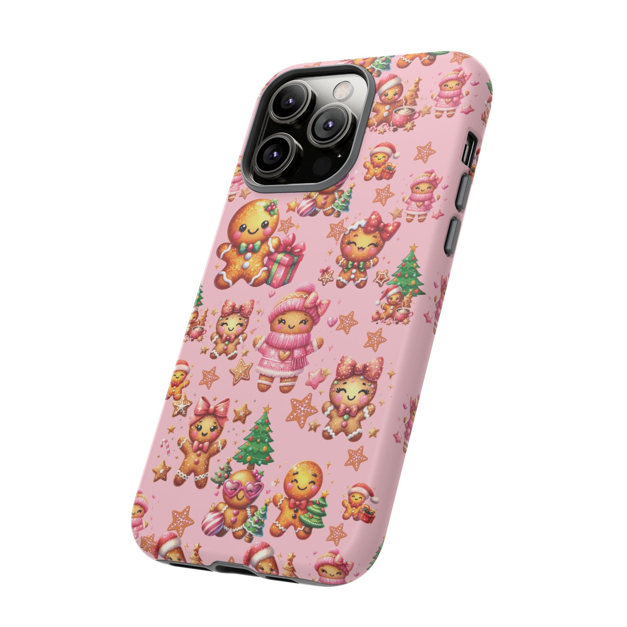 Coque de téléphone en forme de petite fille pain d'épices rose adorable, ambiance girly pour les fêtes, esthétique douce de Noël, idée cadeau mignonne et festive pour elle, housse de protection amusante