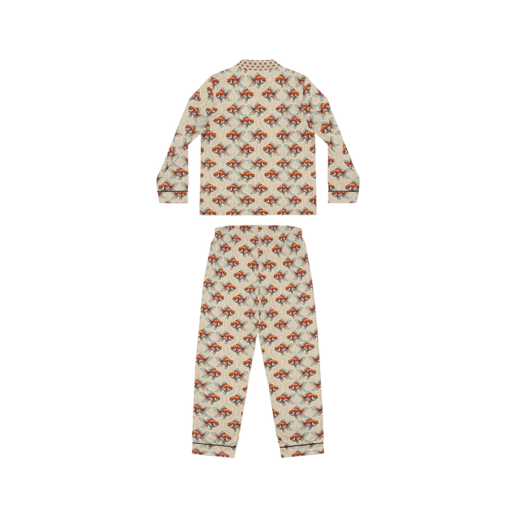 Women’s Luxury Satin Pajama Set – Telescope Goldfish Print Sleepwear Perfect Gift