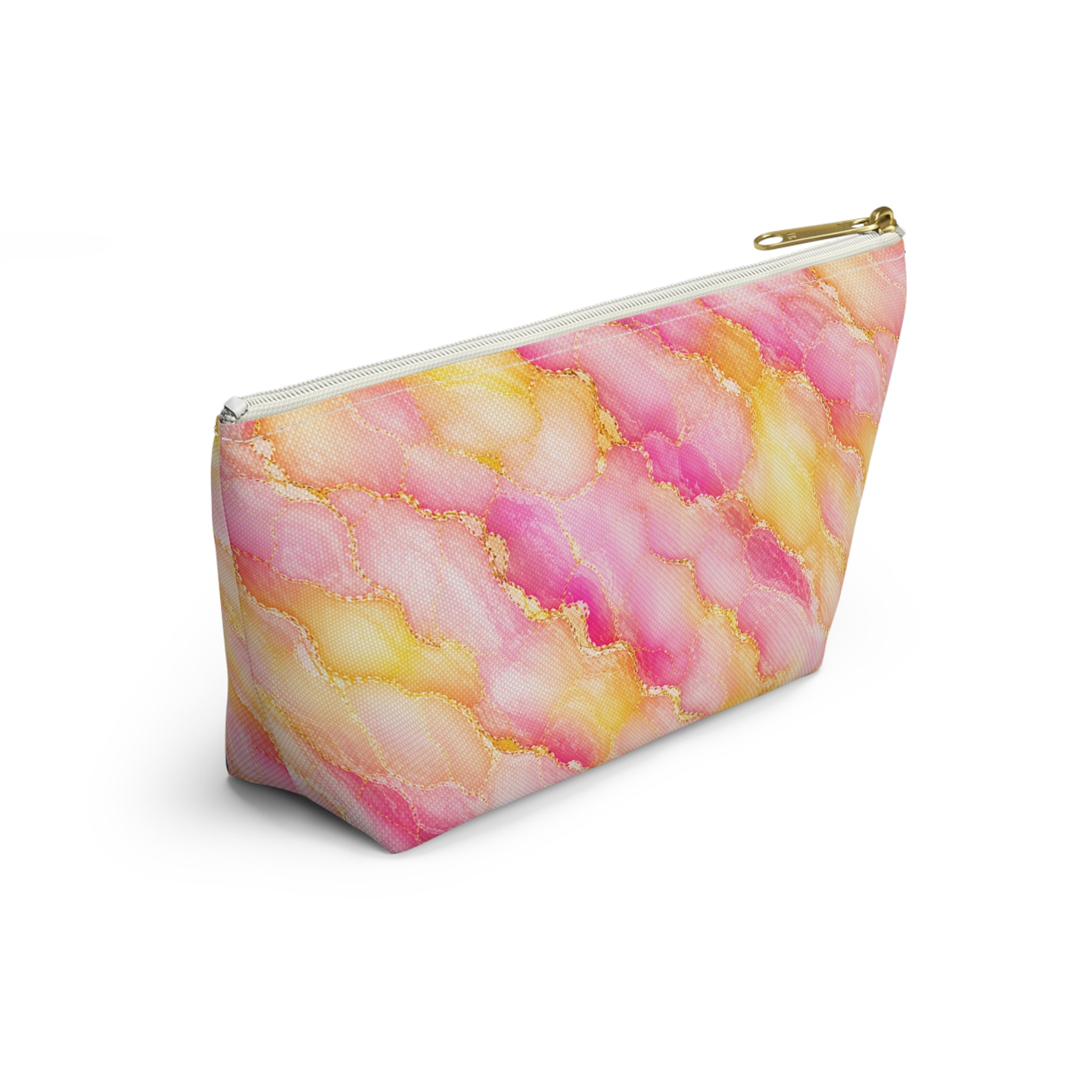 Trousse de Maquillage en Marbre Aquarelle Rose et Or – Sac à Accessoires à Fond Plat