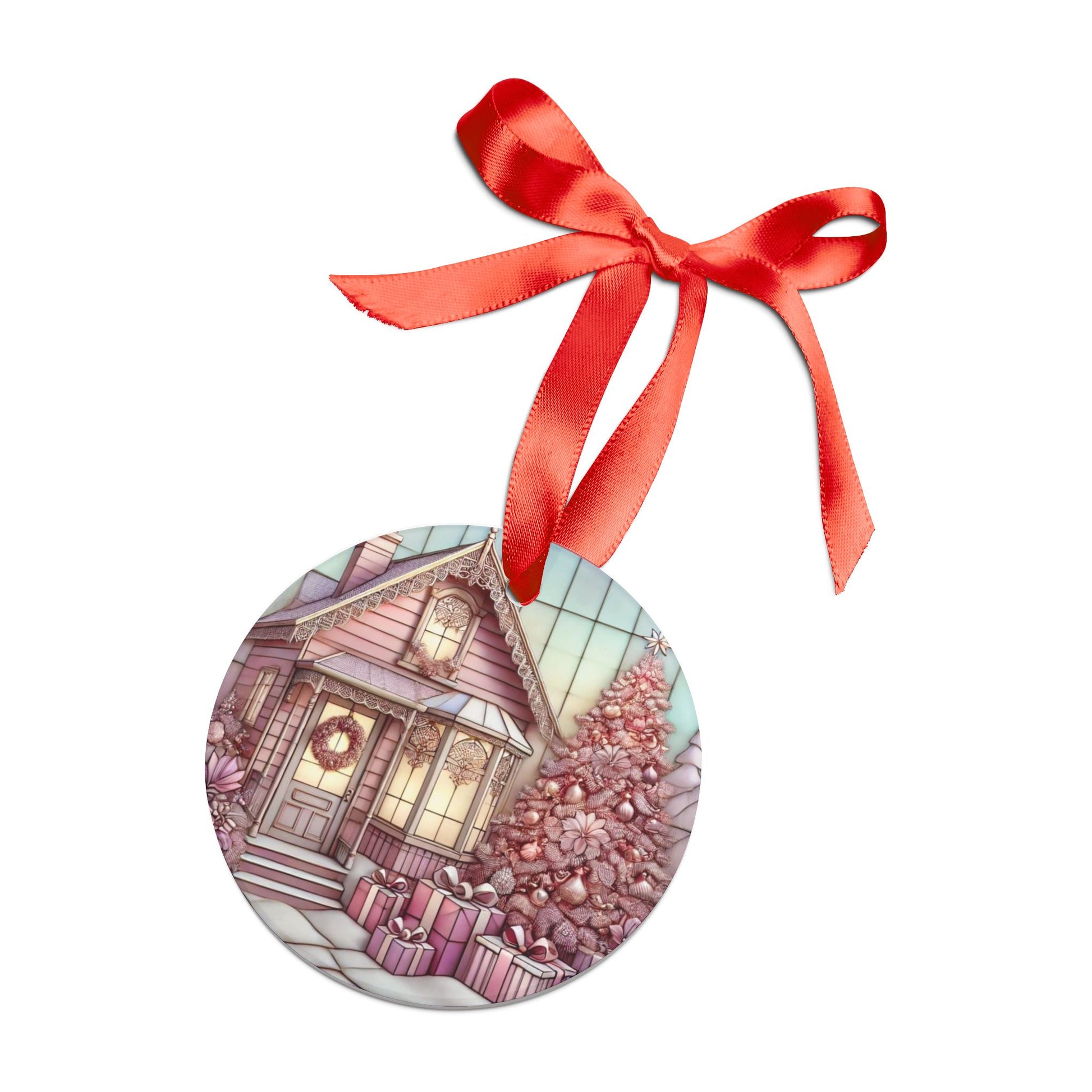 Vintage Pink Christmas House Ornament - Acrylic with Ribbon Perfect Holiday Decor, Unique Christmas Gift Idea, Pastel Holiday Decoration, Cozy Home Tree Design - MRSBYVALLE