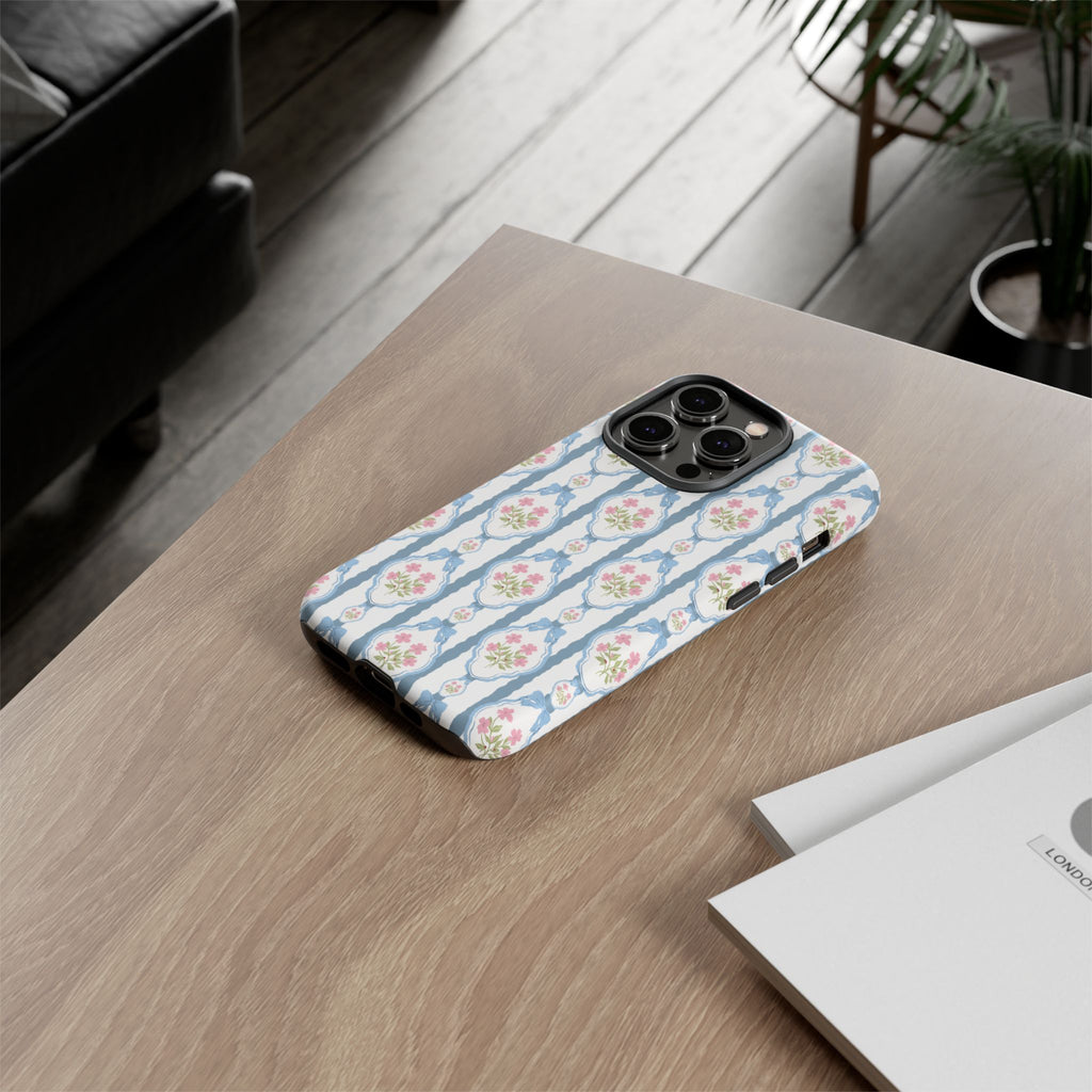 Coque de téléphone Vintage Nœud Bleu et Rose — Motif floral romantique « Tough Cases »