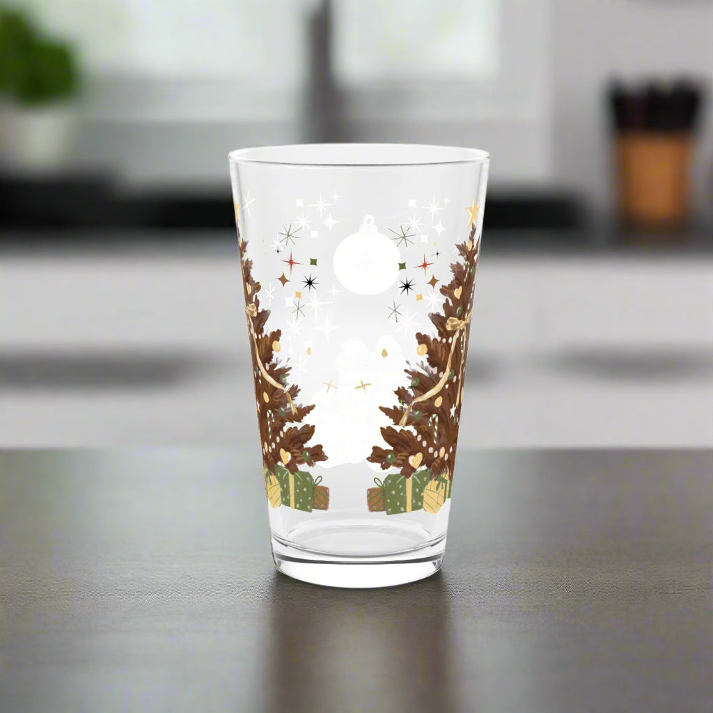 Christmas Brown Trees with green gift the back of the pint 16 oz glass