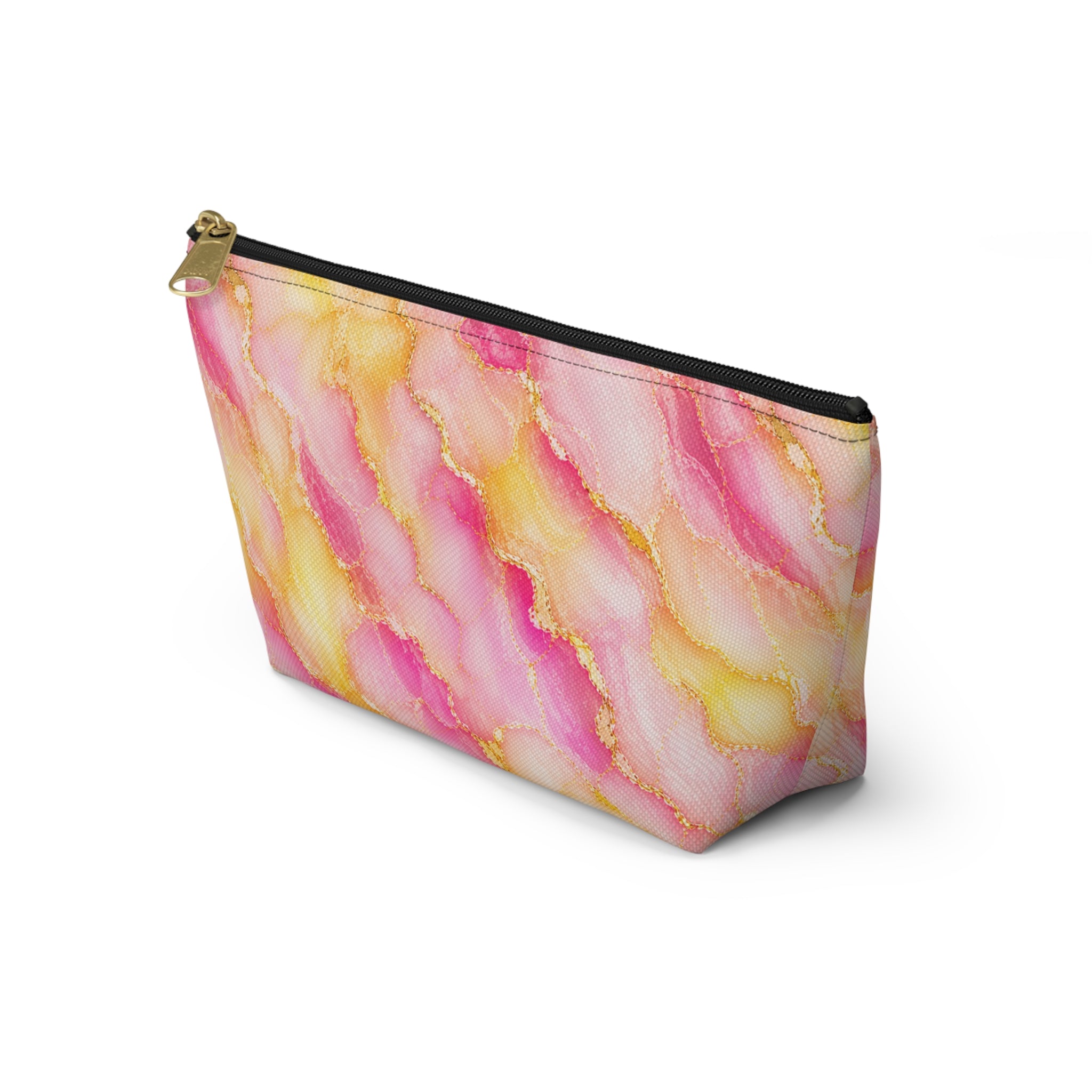Trousse de Maquillage en Marbre Aquarelle Rose et Or – Sac à Accessoires à Fond Plat