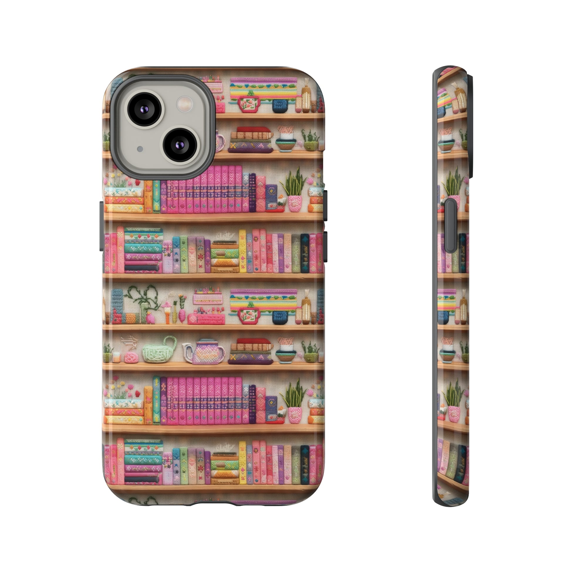 Phone Case 3D Illusion Books & Shelf Embroidery Design with Vibrant Colors Gift for Her Phone 15, Samsung iPhone Samsung Gift for Her Case iPhone 15, Samsung iPhone Samsung Accessory Gift for Her.