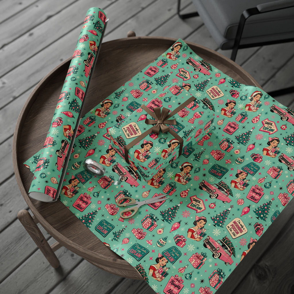 Funny Retro Christmas Wrapping Paper  Vintage Pink Holiday Gift Wrap  Mid Century Christmas Gifts Cute Nostalgic Xmas Paper