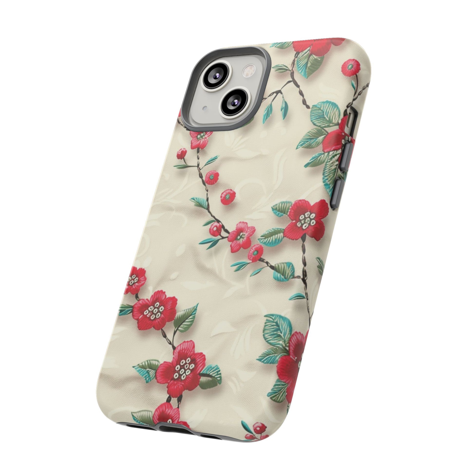 3D Embroidery Illusion Red Flowers Phone Case for iPhone, Samsung Pixel Artistic Floral Protection 15 14 13 12, 21 23 Gift for Her Perfect for Floral Lover