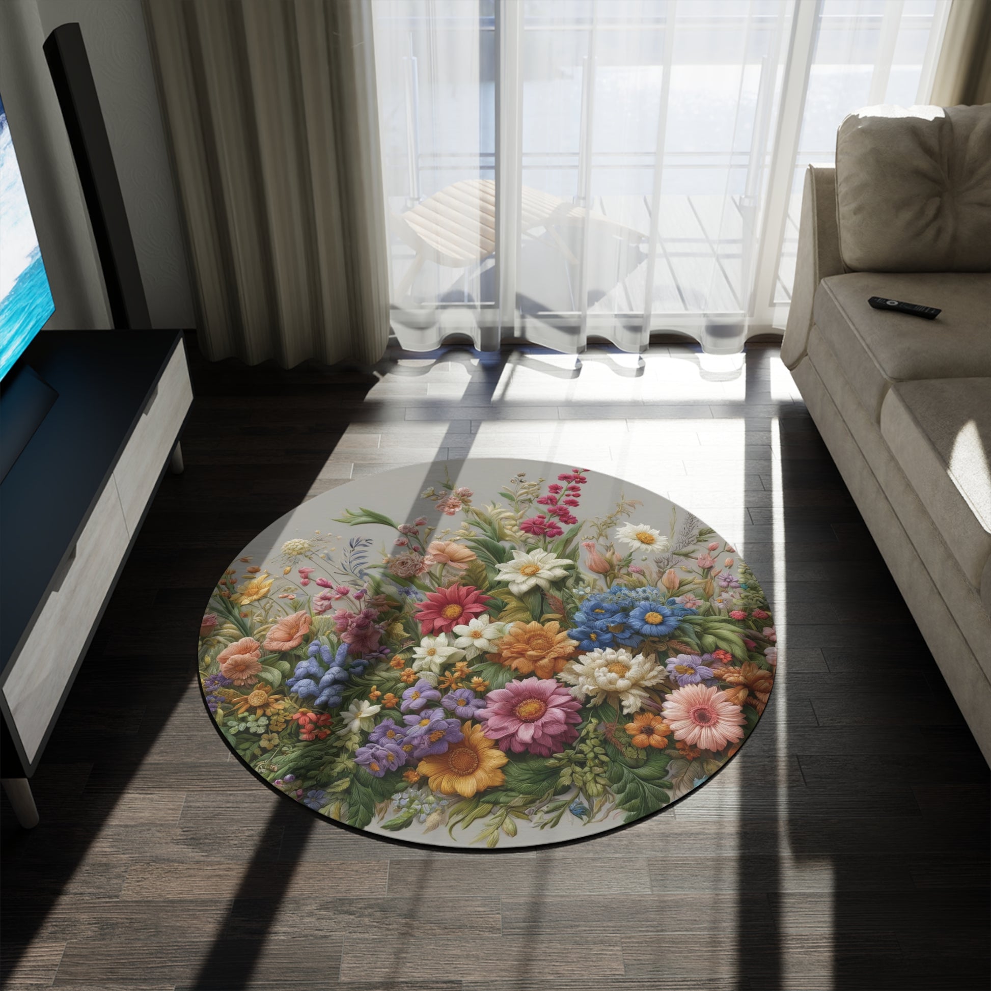 New House Elegant Floral Symphony Round Rug Ideal for Bedrooms, Hallways, and Home Offices Featuring Luxurious Design interior Livingroom.