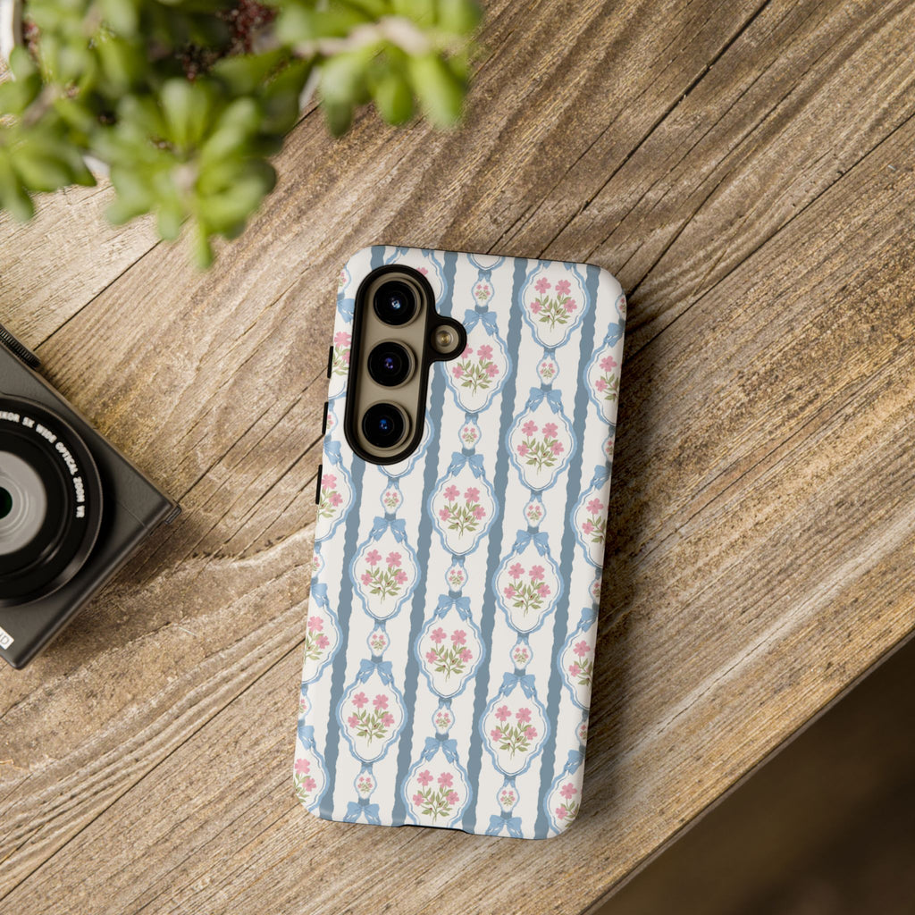 Coque de téléphone Vintage Nœud Bleu et Rose — Motif floral romantique « Tough Cases »