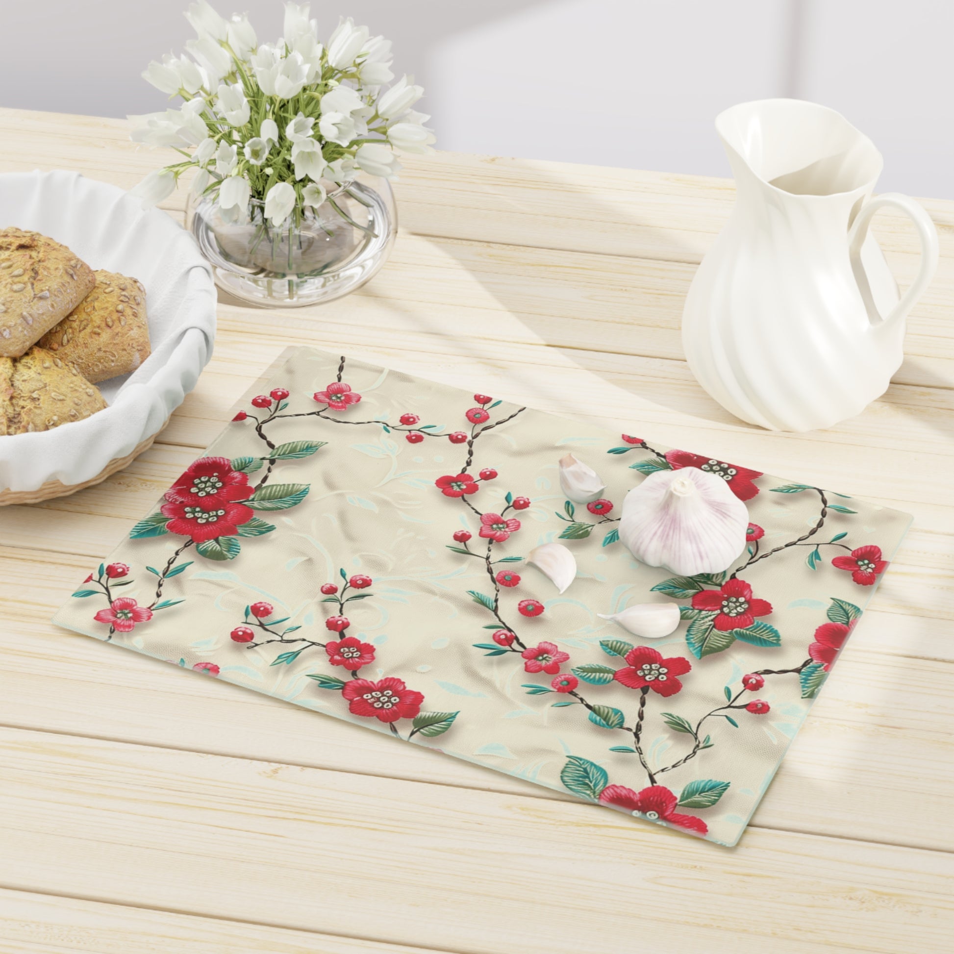 Vibrant 3D Embroidery Illusion Red Flowers Tempered Glass Cutting Board: Durable & Stylish for Cooking and Serving Stylish Cooking Kitchen Decor Housewarming, New House Gift - MRSBYVALLE