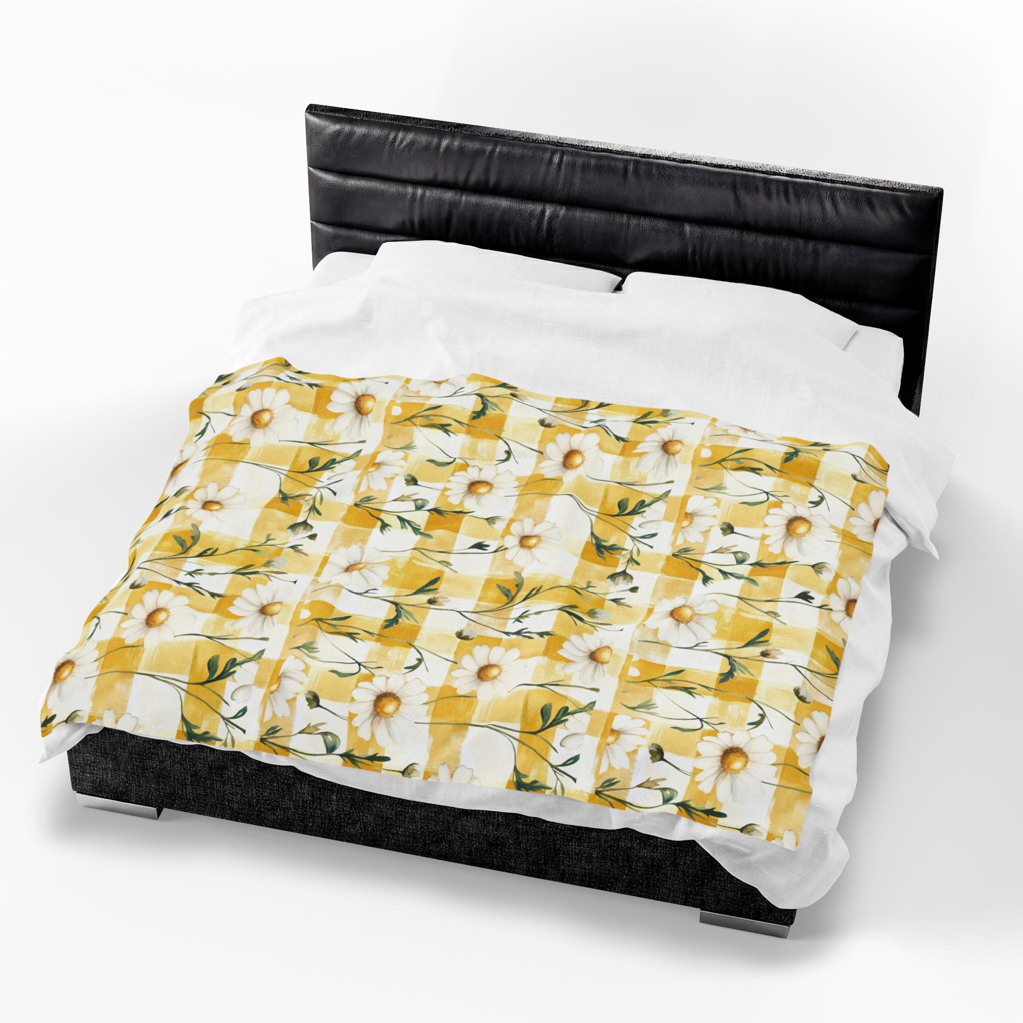 Pastel Yellow Daisy Checker Velveteen Plush Blanket — Spring Floral Cozy Throw