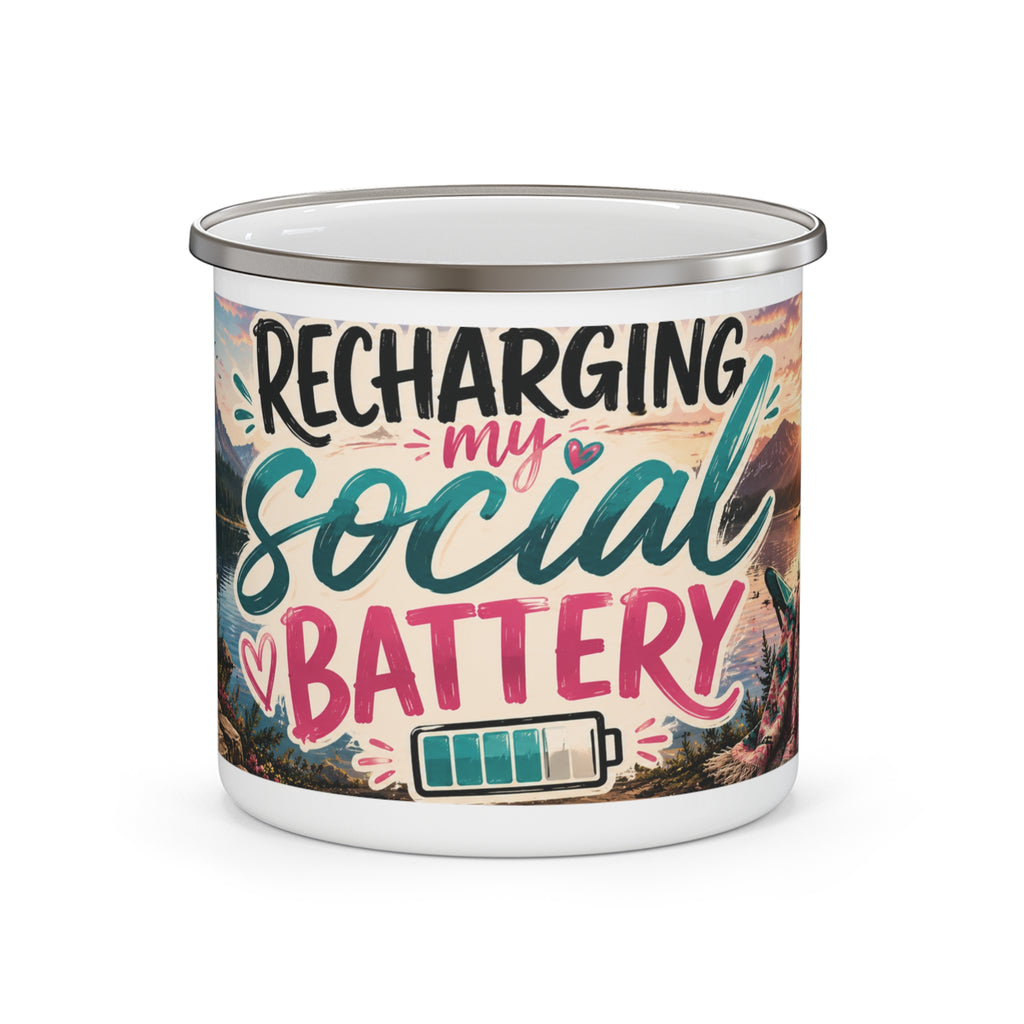 Enamel Camping Mug — "Recharging My Social Battery" Scenic Camper Coffee Cup