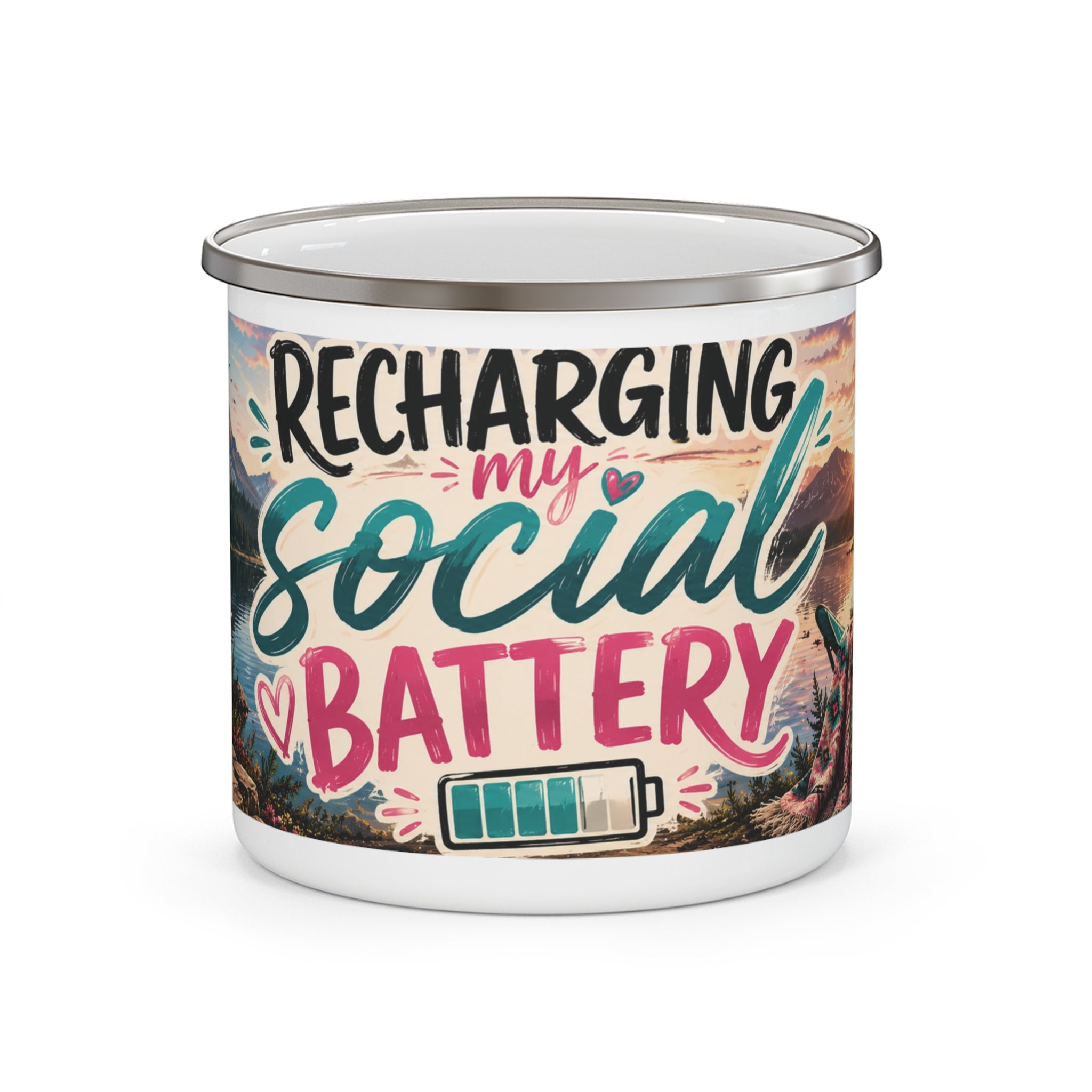 Enamel Camping Mug — "Recharging My Social Battery" Scenic Camper Coffee Cup
