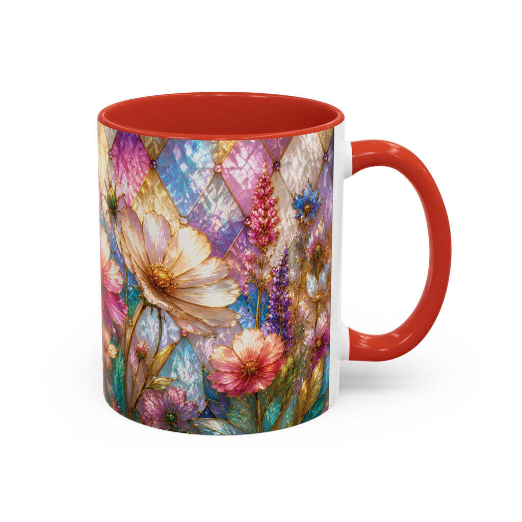 Floral Mosaic Accent Coffee Mug — Colorful Garden Flowers 11/15oz Stain Glass Illusion