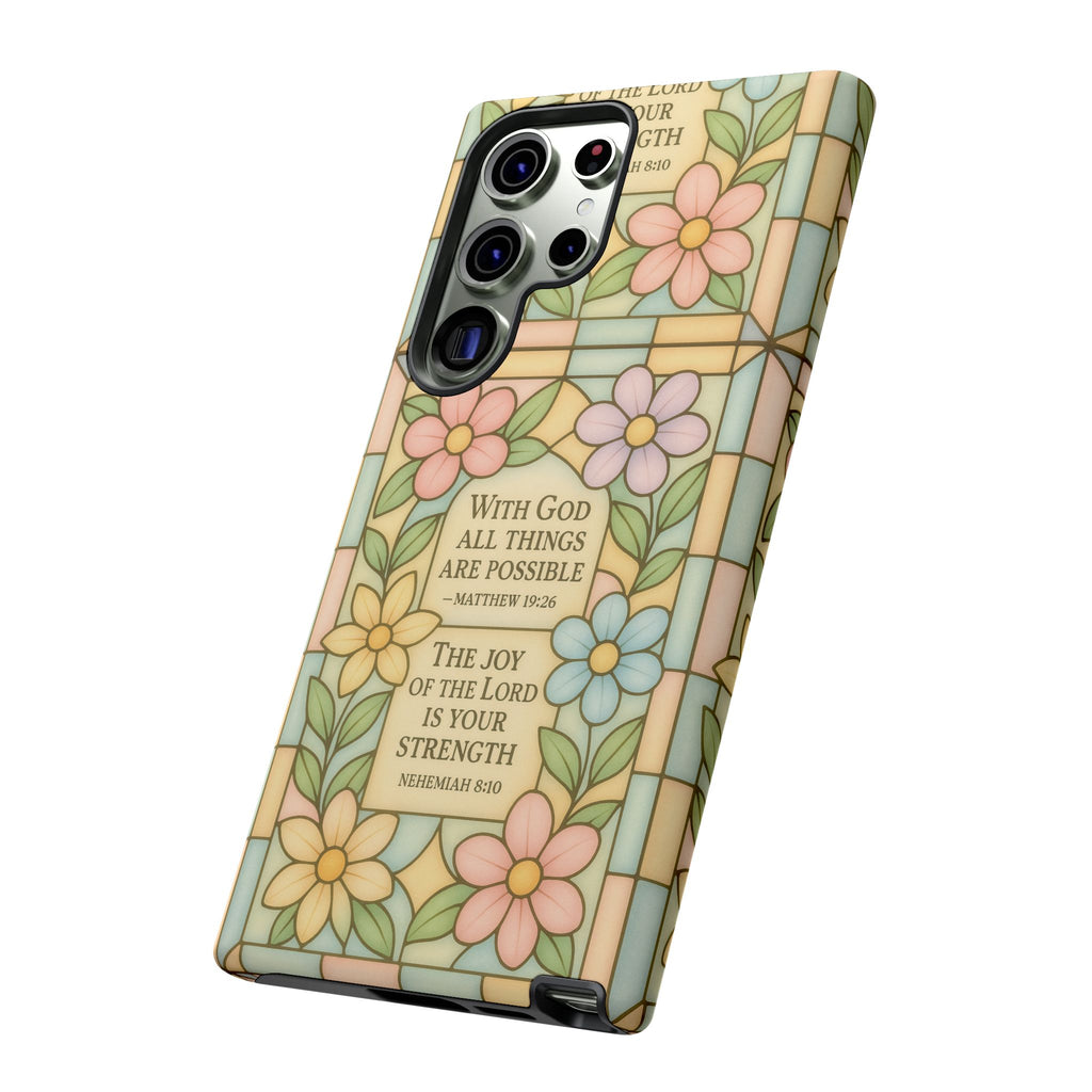 Pastel Stained Glass Bible Verse Phone Case Christian Affirmation Cover, Soft Geometric Design, iPhone Samsung Google, Faith Gift for Her Bible Verse or Affirmation | Protective, Inspirational Gift for Christians