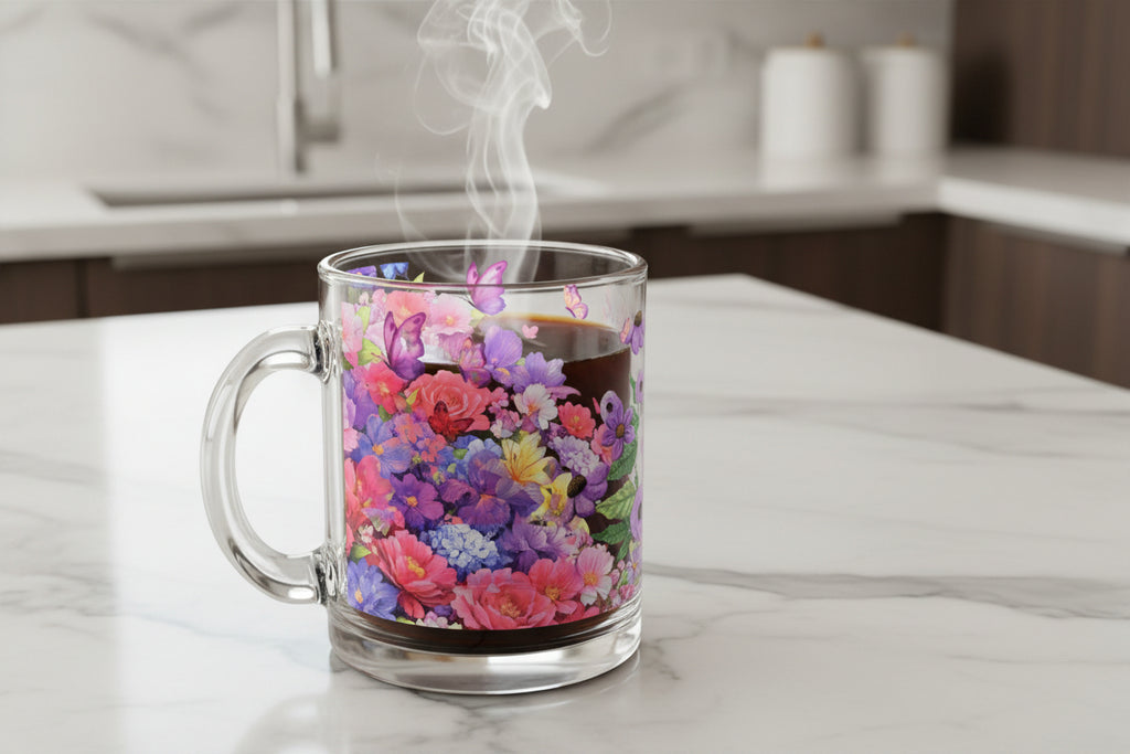 Mug en verre floral éclatant, 295 ml | Tasse à café ou à thé à motif floral, cadeau pour maman, anniversaire