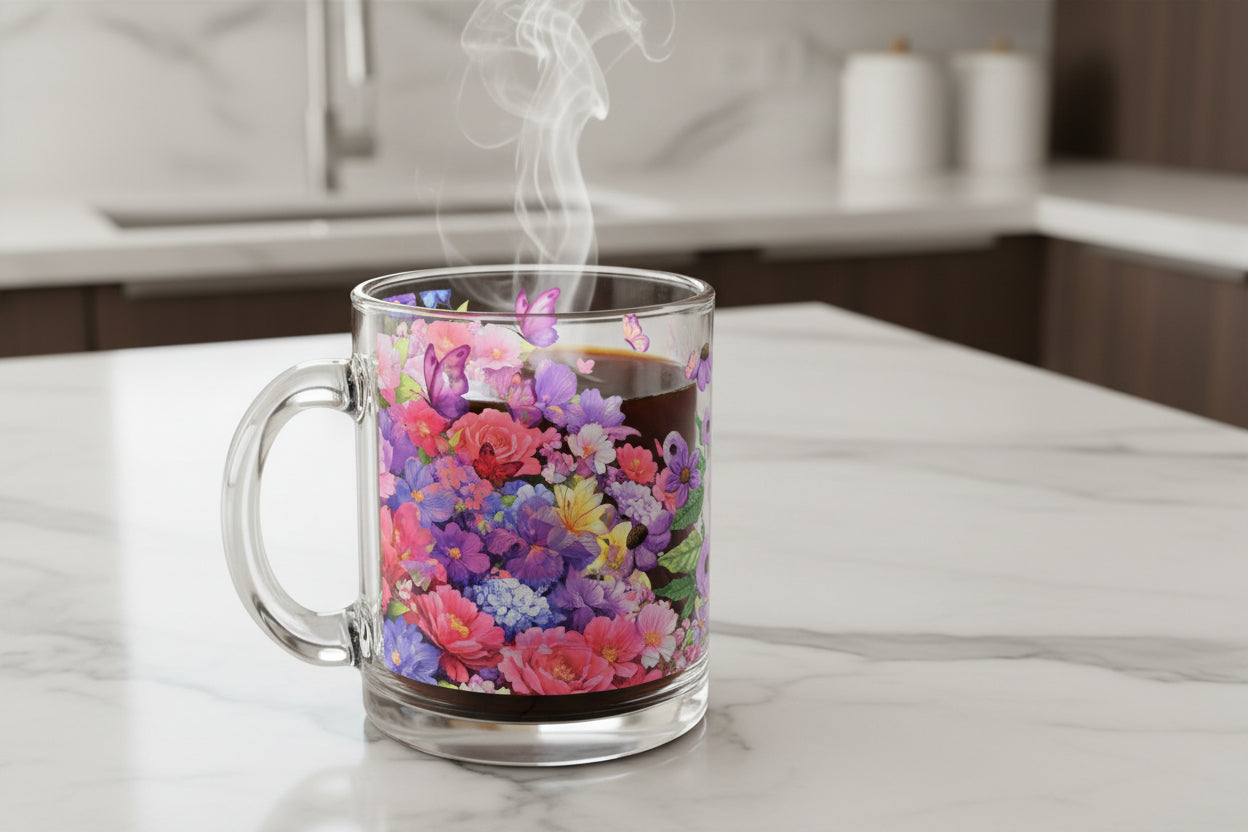 Bright Floral Glass Mug, 10oz | Floral Pattern Drinkware Coffee or Tea Cup Gift for Mom, Birthday