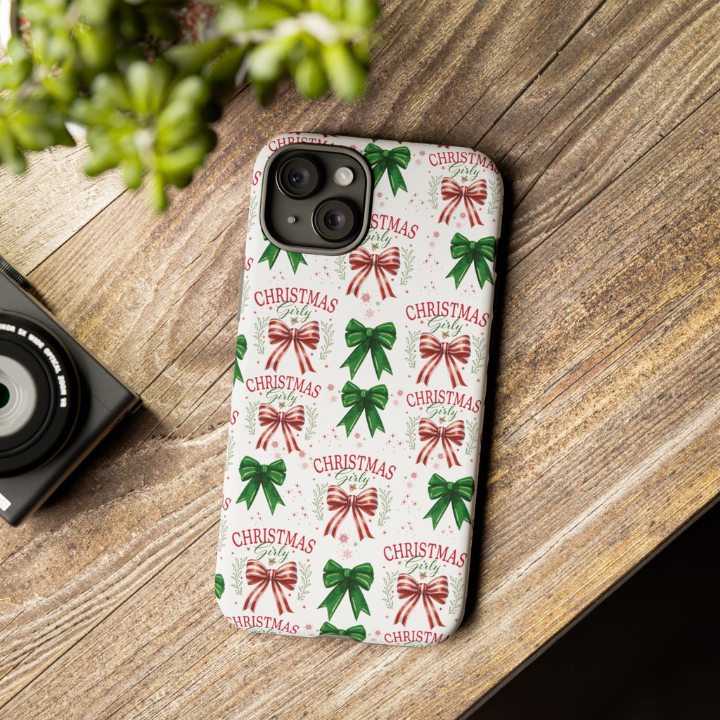 Girly Christmas Coquette Bows Pastel Phone Case for iPhone 17 16 15 23 Samsung, and Pixel | Stylish Protective Cover Gift for Her Perfect for Floral Lover