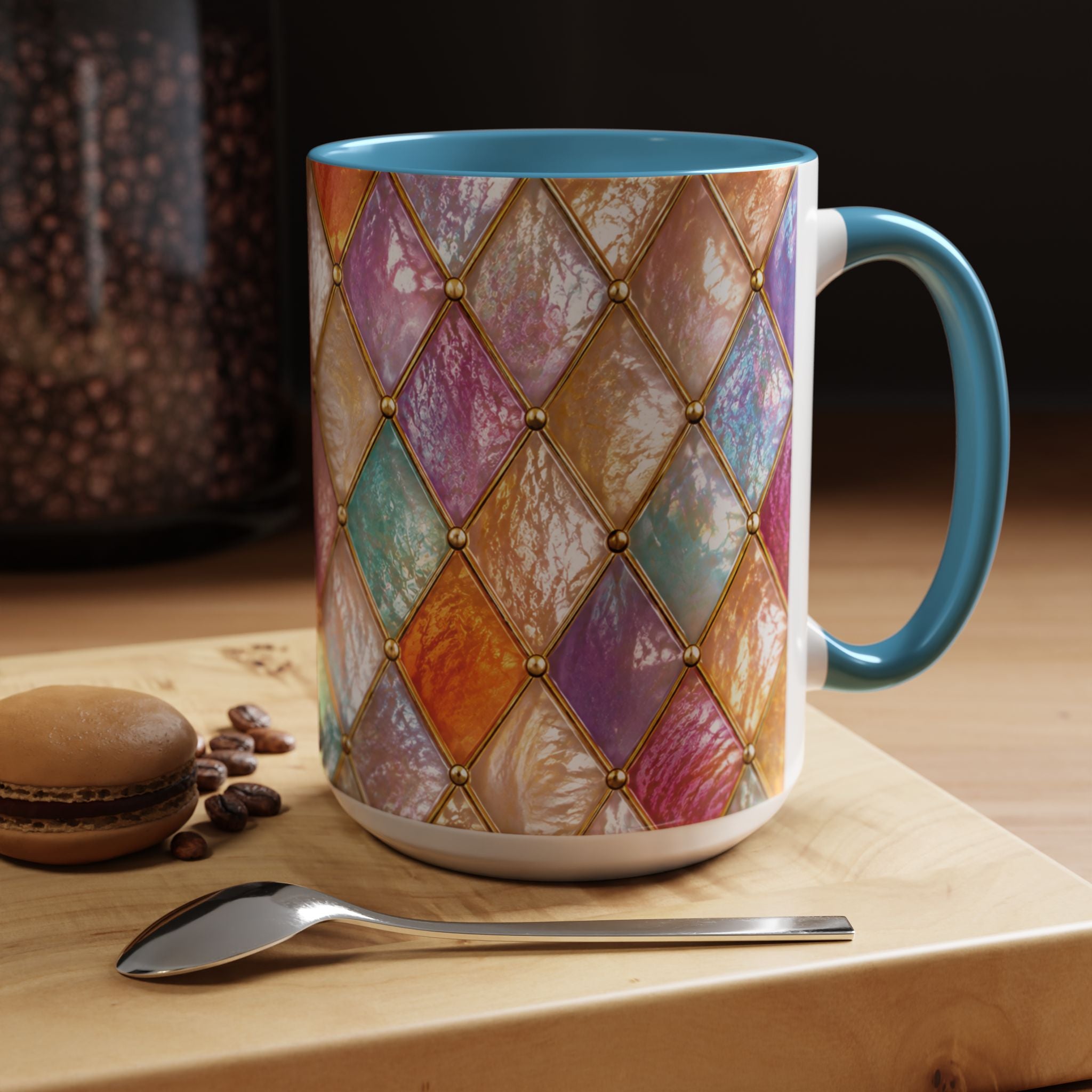 Colorful Jewel-Quilt Accent Coffee Mug — Vibrant Stained-Glass Pattern (11/15oz) Gift for her