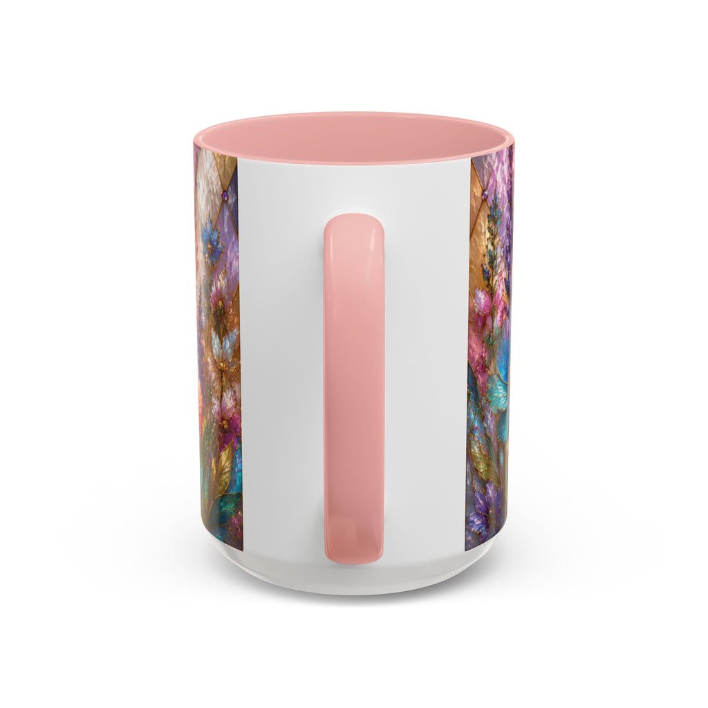 Floral Mosaic Accent Coffee Mug — Colorful Garden Flowers 11/15oz Stain Glass Illusion